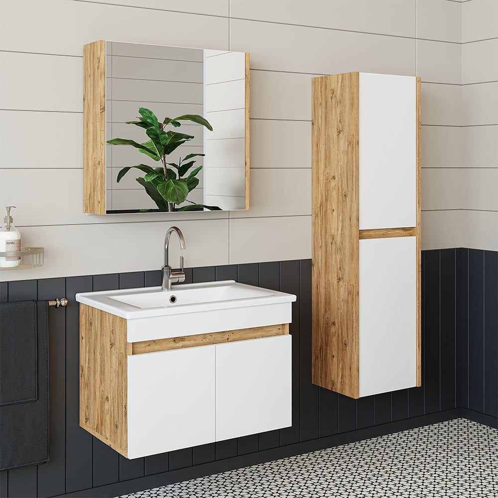 Roomart Badmöbel Set ATRIA 65 cm Unterschrank mit Waschbecken Spiegelschrank Hochschrank
