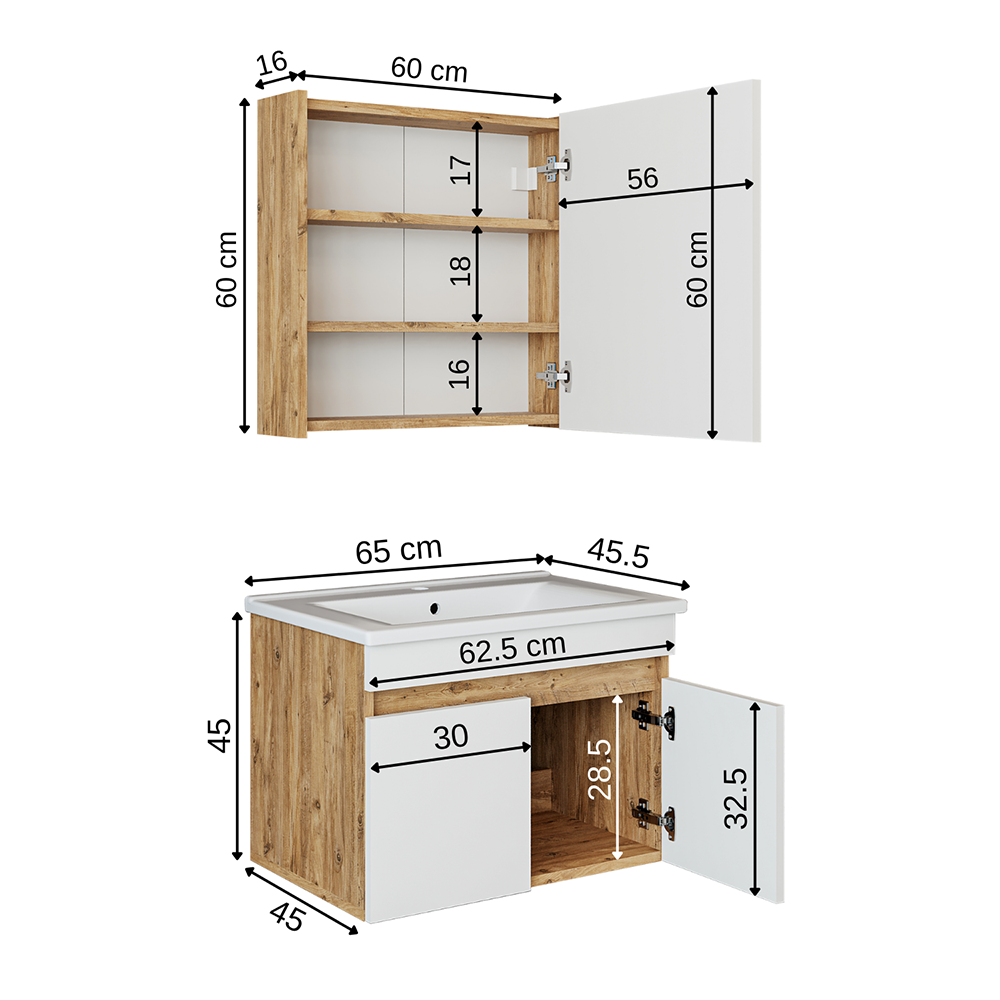 Roomart Badmöbel Set ATRIA 3 Teilig, in 4 Farben, 65 cm Unterschrank mit Keramikwaschbecken • Spiegelschrank