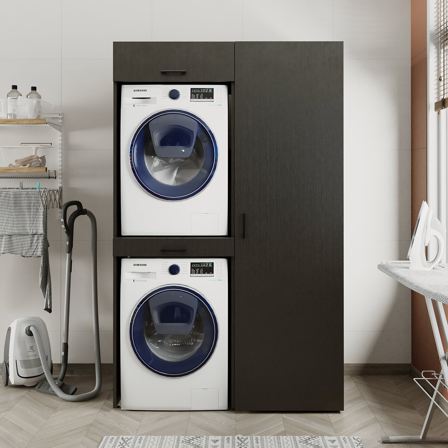 Sèche-linge mural Roomart sur lave-linge • 127 cm de large • Blanc • Chêne noir
