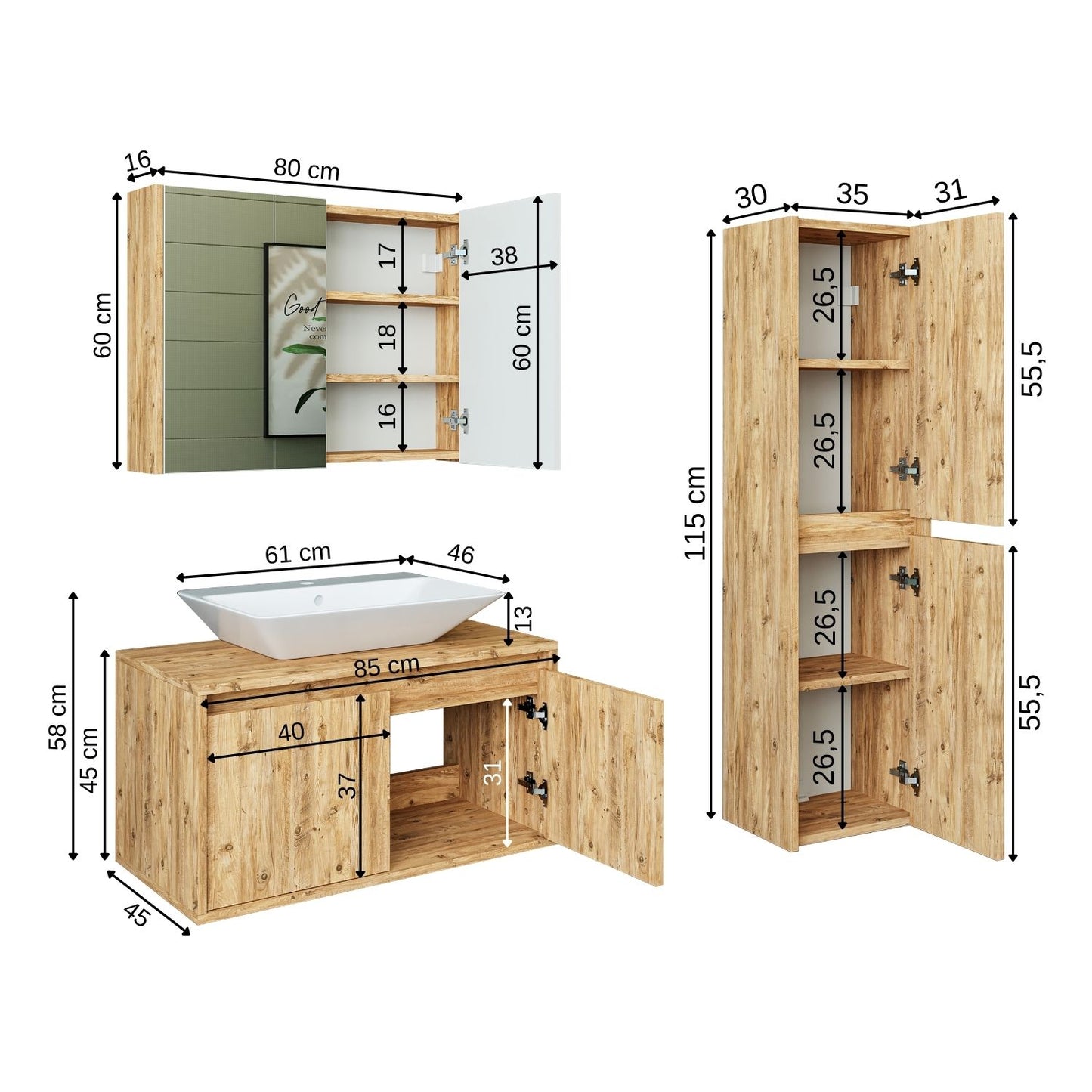 Roomart Badmöbel Set ATLANTIC 4-teilig 85 cm in 5 Farben Unterschrank mit Keramikwaschbecken • Spiegelschrank • Hochschrank