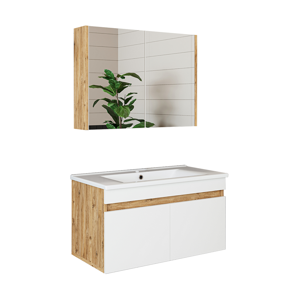 Roomart Badmöbel Set ATRIA 3 Teilig, in 4 Farben, 85 cm Unterschrank mit Keramikwaschbecken • Spiegelschrank