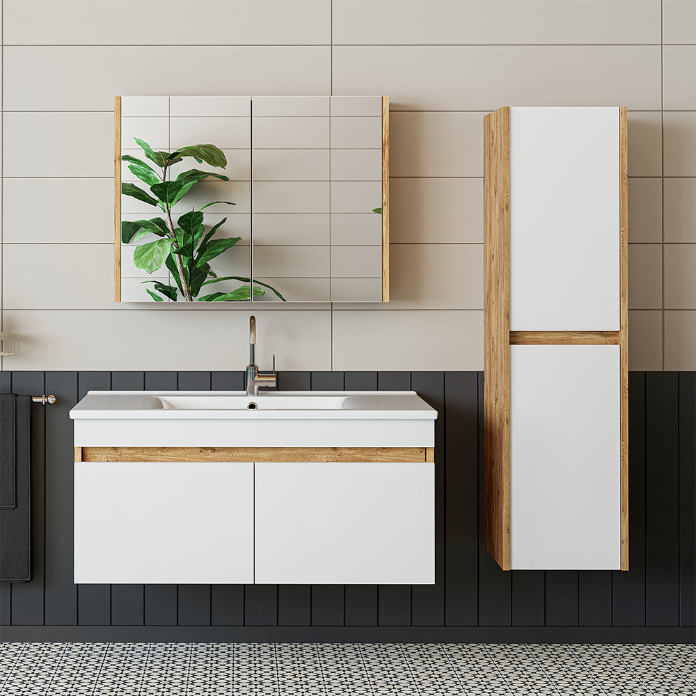 Roomart Badmöbel Set ATRIA In 4 Farben 100 cm Unterschrank mit Keramikwaschbecken Spiegelschrank Hochschrank