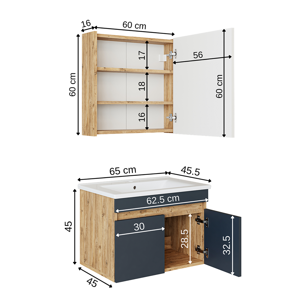 Roomart Badmöbel Set ATRIA 3 Teilig, in 4 Farben, 65 cm Unterschrank mit Keramikwaschbecken • Spiegelschrank