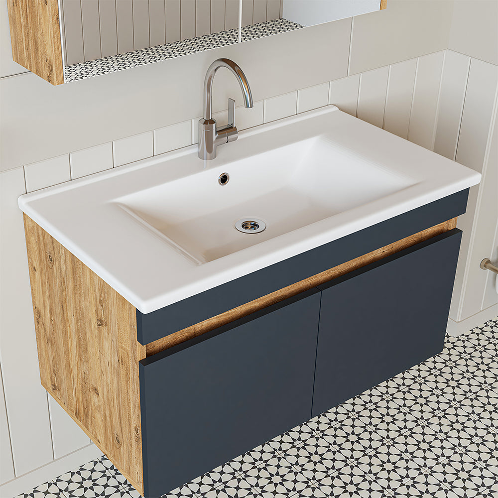 Roomart Badmöbel Set ATRIA 3 Teilig, in 4 Farben, 85 cm Unterschrank mit Keramikwaschbecken • Spiegelschrank