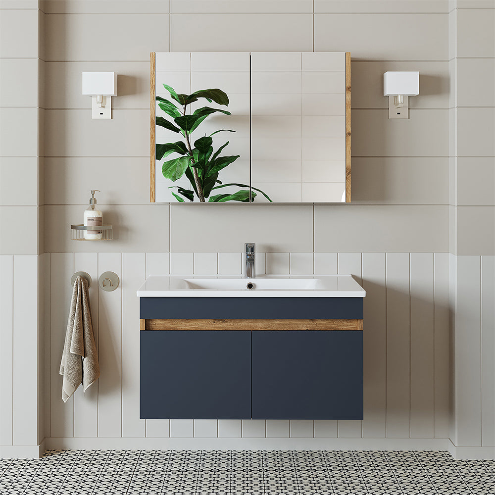 Roomart Badmöbel Set ATRIA 3 Teilig, in 4 Farben, 85 cm Unterschrank mit Keramikwaschbecken • Spiegelschrank