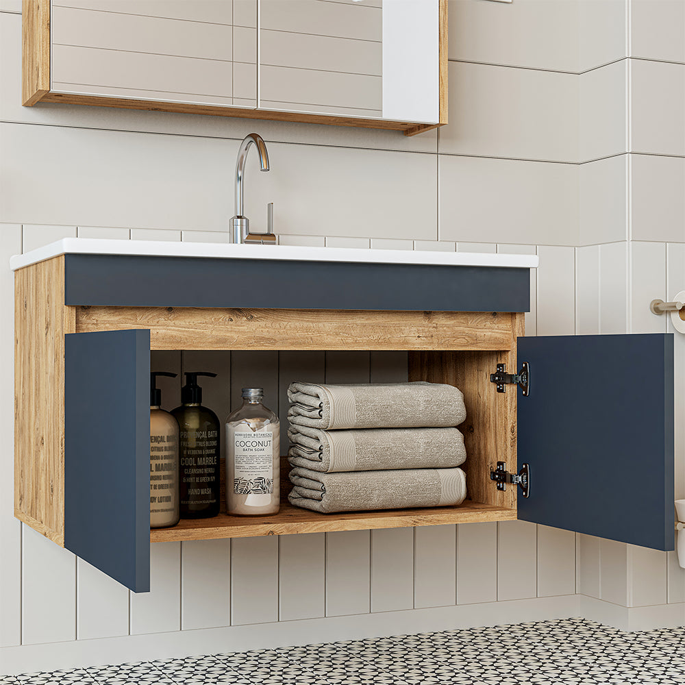 Roomart Badmöbel Set ATRIA 3 Teilig, in 4 Farben, 85 cm Unterschrank mit Keramikwaschbecken • Spiegelschrank