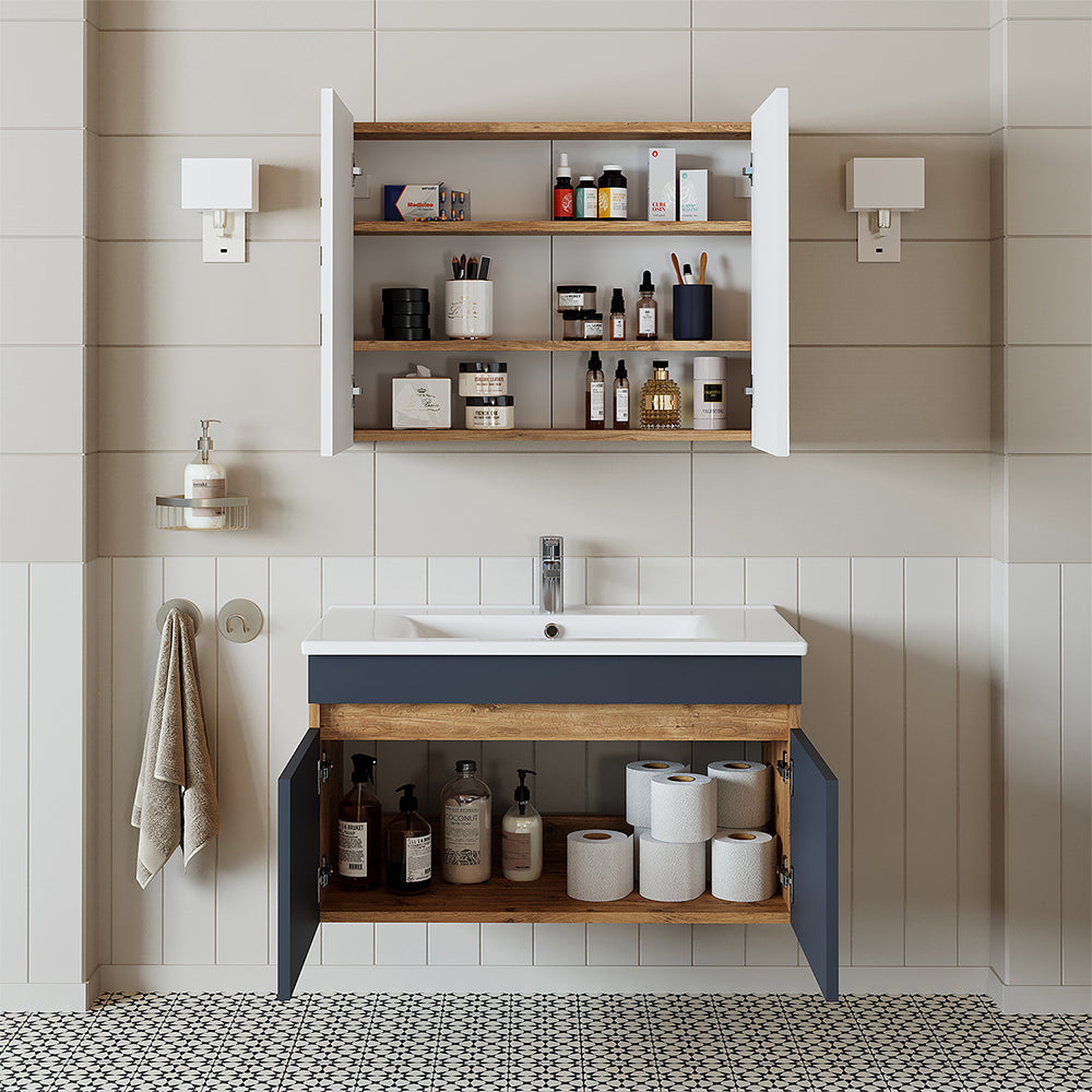 Roomart Badmöbel Set ATRIA 3 Teilig, in 4 Farben, 85 cm Unterschrank mit Keramikwaschbecken • Spiegelschrank