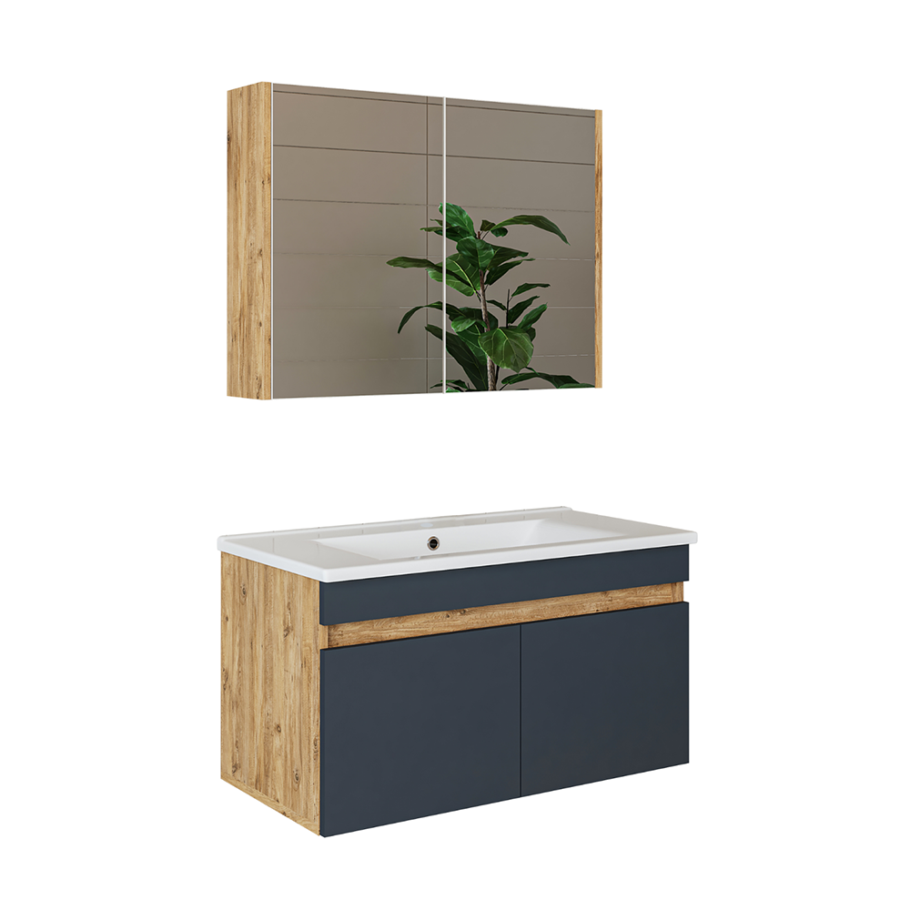 Roomart Badmöbel Set ATRIA 3 Teilig, in 4 Farben, 85 cm Unterschrank mit Keramikwaschbecken • Spiegelschrank