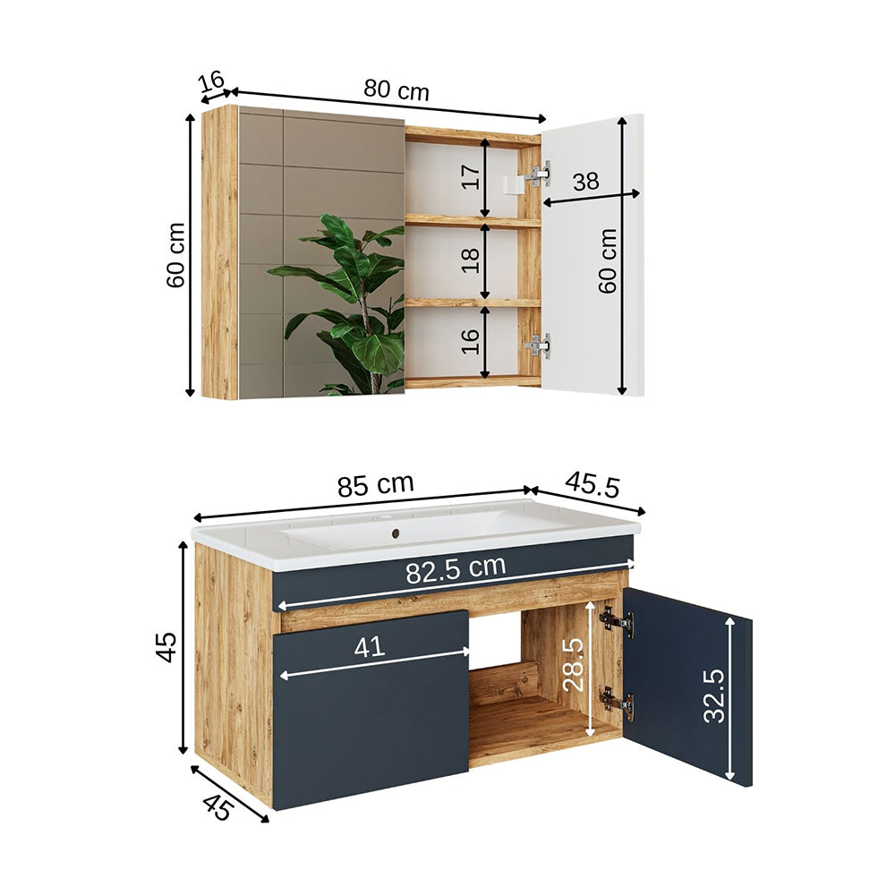 Roomart Badmöbel Set ATRIA 3 Teilig, in 4 Farben, 85 cm Unterschrank mit Keramikwaschbecken • Spiegelschrank