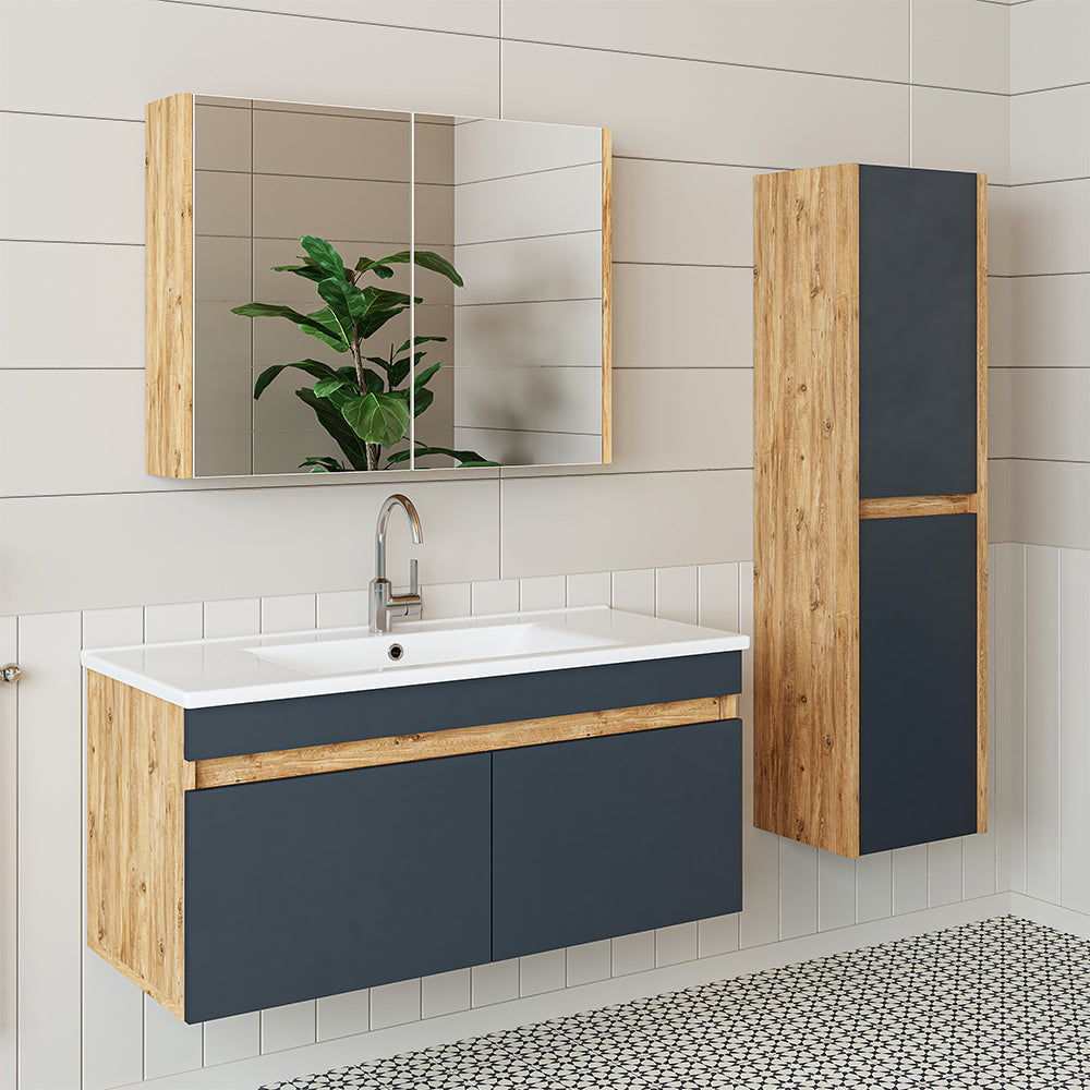 Roomart Badmöbel Set ATRIA In 4 Farben 100 cm Unterschrank mit Keramikwaschbecken Spiegelschrank Hochschrank