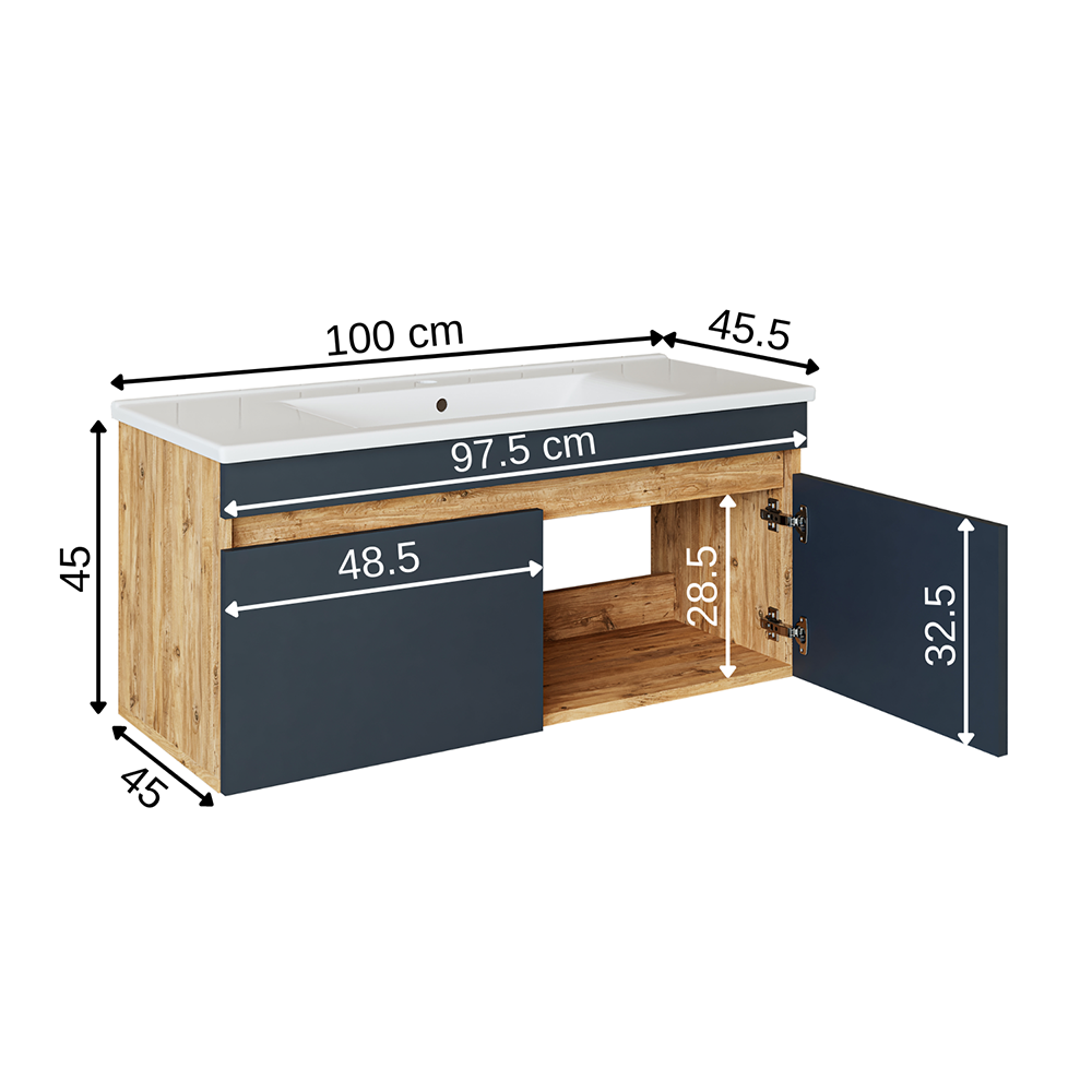 Roomart Atria, Waschbecken mit Unterschrank 100 cm, in 4 Farben, Badezimmermöbel