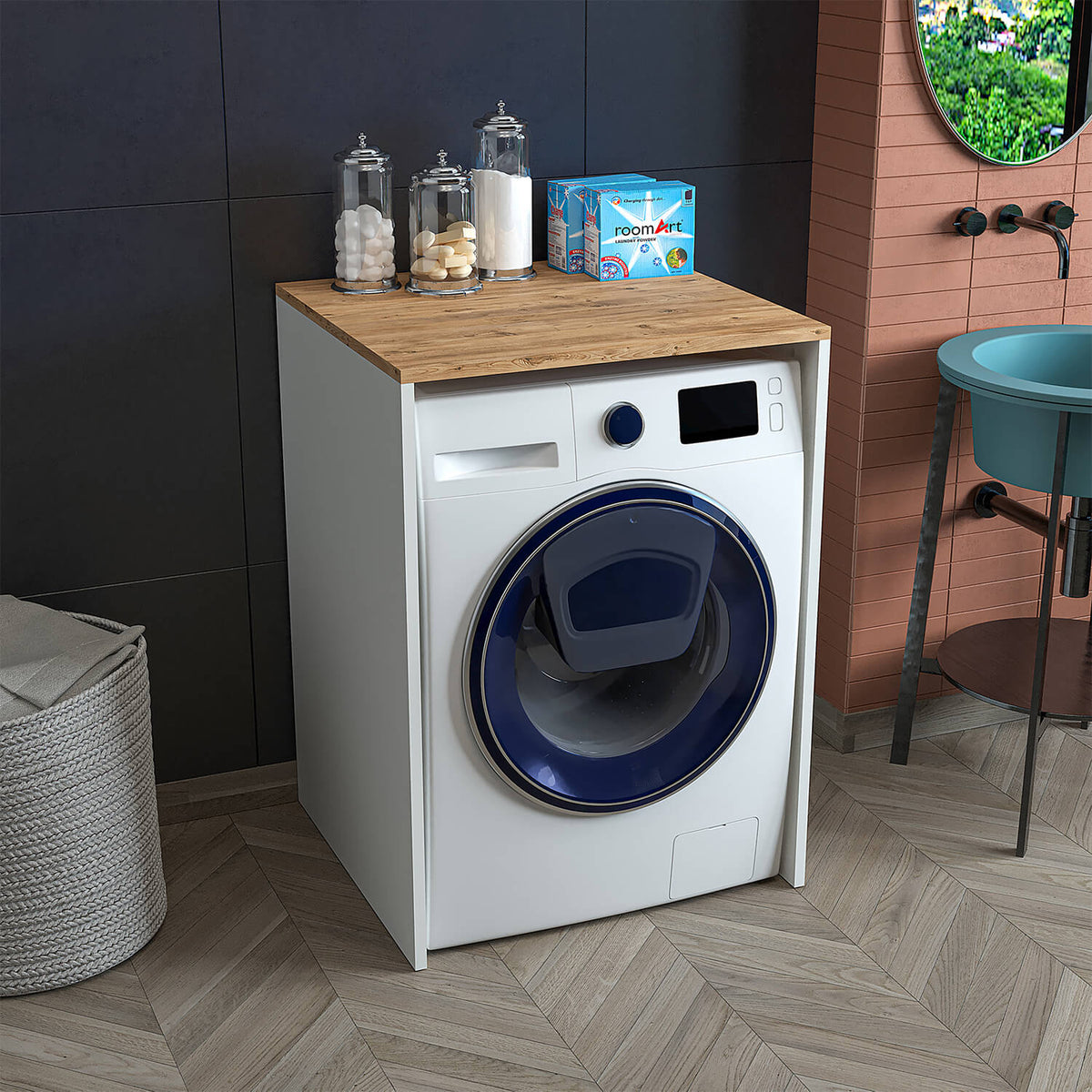 Roomart, Bathroom Atlantic, Washing machine cabinet, Bathroom cabinet WDH: 65 x 90 x 60 cm, in white oak, anthracite oak- bathroom cabinet, washbasin, bathroom furniture, bathroom cabinet, bathroom, with, vanity unit, bathroom furniture, set, washbasin, furniture, bath