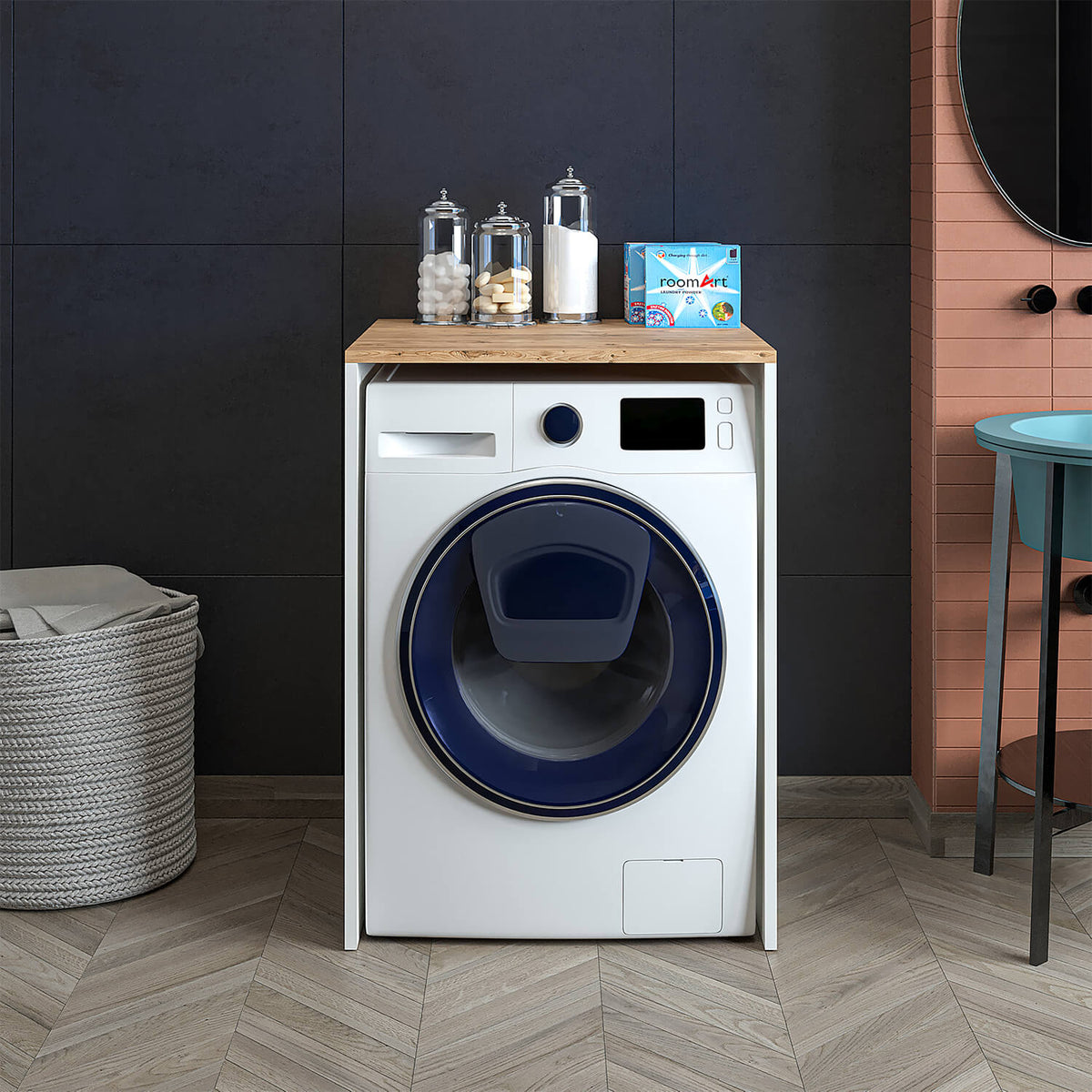 Roomart, Bathroom Atlantic, Washing machine cabinet, Bathroom cabinet WDH: 65 x 90 x 60 cm, in white oak, anthracite oak- bathroom cabinet, washbasin, bathroom furniture, bathroom cabinet, bathroom, with, vanity unit, bathroom furniture, set, washbasin, furniture, bath