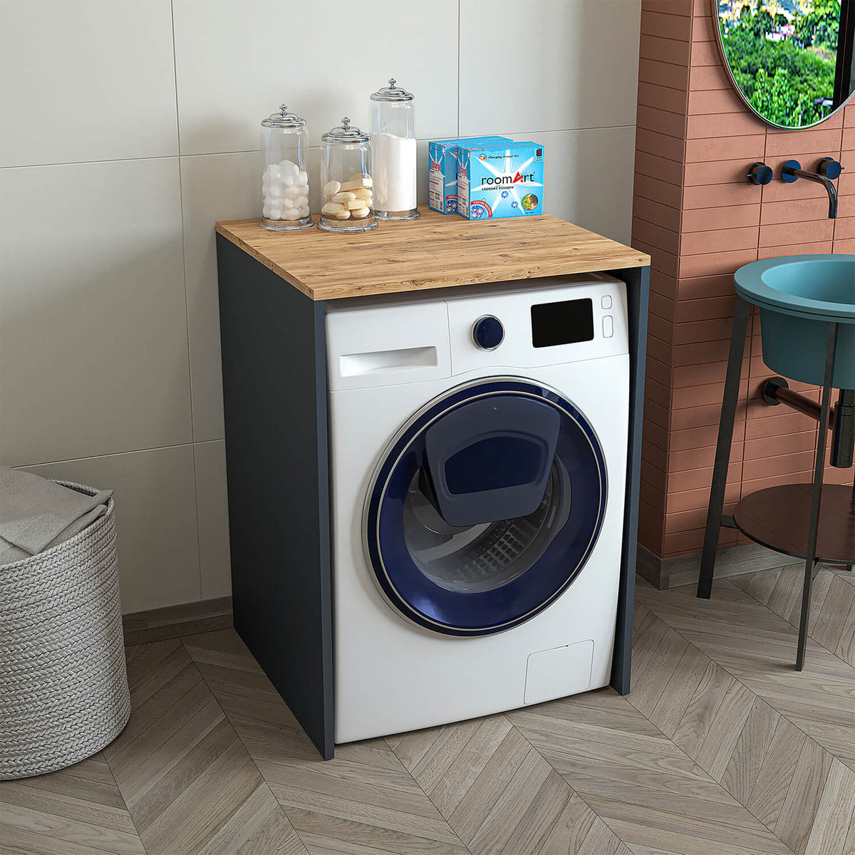 Roomart, Bathroom Atlantic, Washing machine cabinet, Bathroom cabinet WDH: 65 x 90 x 60 cm, in white oak, anthracite oak- bathroom cabinet, washbasin, bathroom furniture, bathroom cabinet, bathroom, with, vanity unit, bathroom furniture, set, washbasin, furniture, bath
