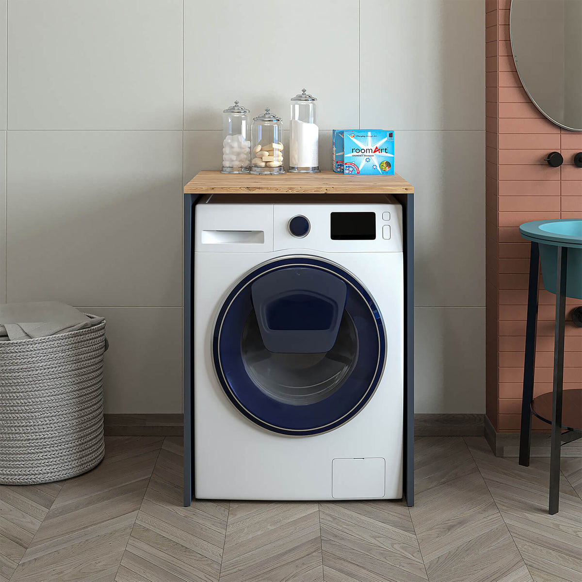 Roomart, Bathroom Atlantic, Washing machine cabinet, Bathroom cabinet WDH: 65 x 90 x 60 cm, in white oak, anthracite oak- bathroom cabinet, washbasin, bathroom furniture, bathroom cabinet, bathroom, with, vanity unit, bathroom furniture, set, washbasin, furniture, bath