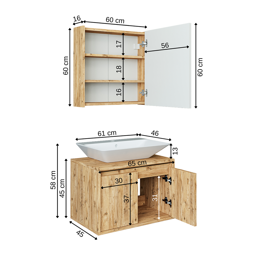 Roomart Badmöbel Set ATLANTIC 3 Teilig 65 cm Unterschrank mit Keramikwaschbecken • Spiegelschrank