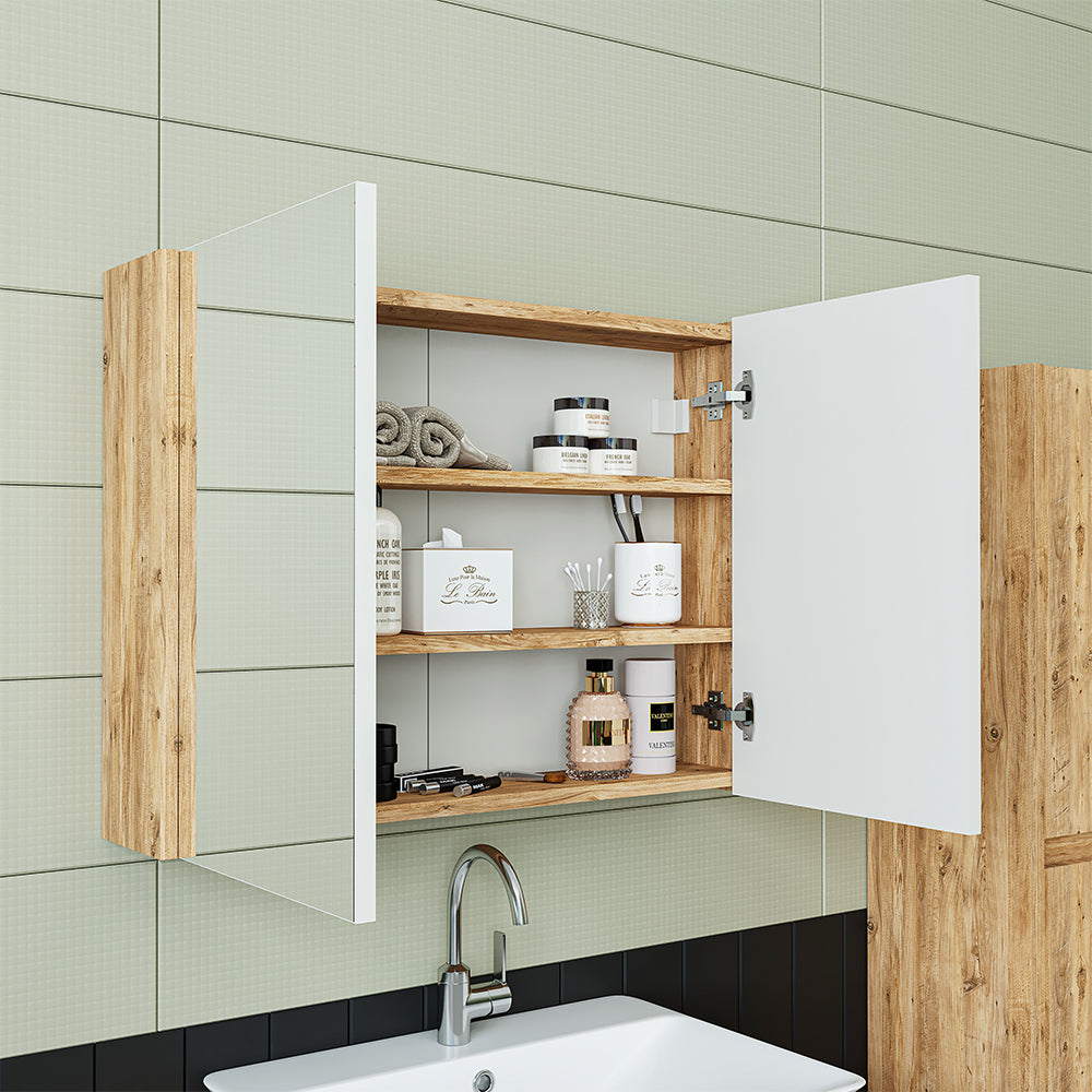 Roomart Badmöbel Set ATLANTIC 4-teilig 85 cm in 5 Farben Unterschrank mit Keramikwaschbecken • Spiegelschrank • Hochschrank
