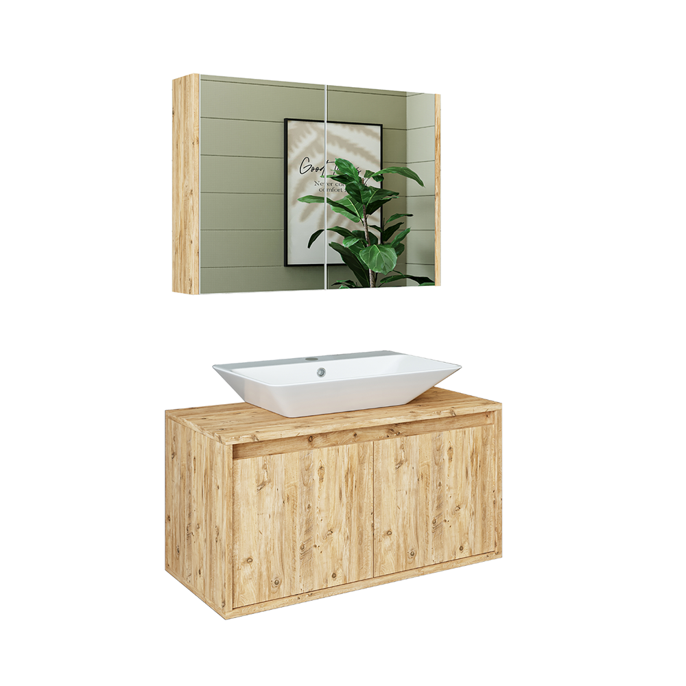 Roomart • Badmöbel Set • ATLANTIC • 3 Teilig • 85 cm Unterschrank mit Keramikwaschbecken • Spiegelschrank
