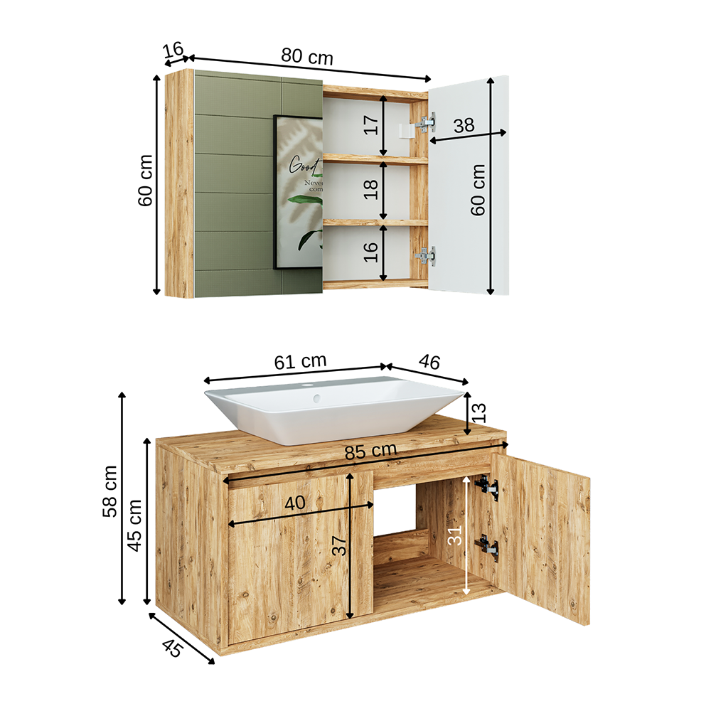 Roomart • Badmöbel Set • ATLANTIC • 3 Teilig • 85 cm Unterschrank mit Keramikwaschbecken • Spiegelschrank