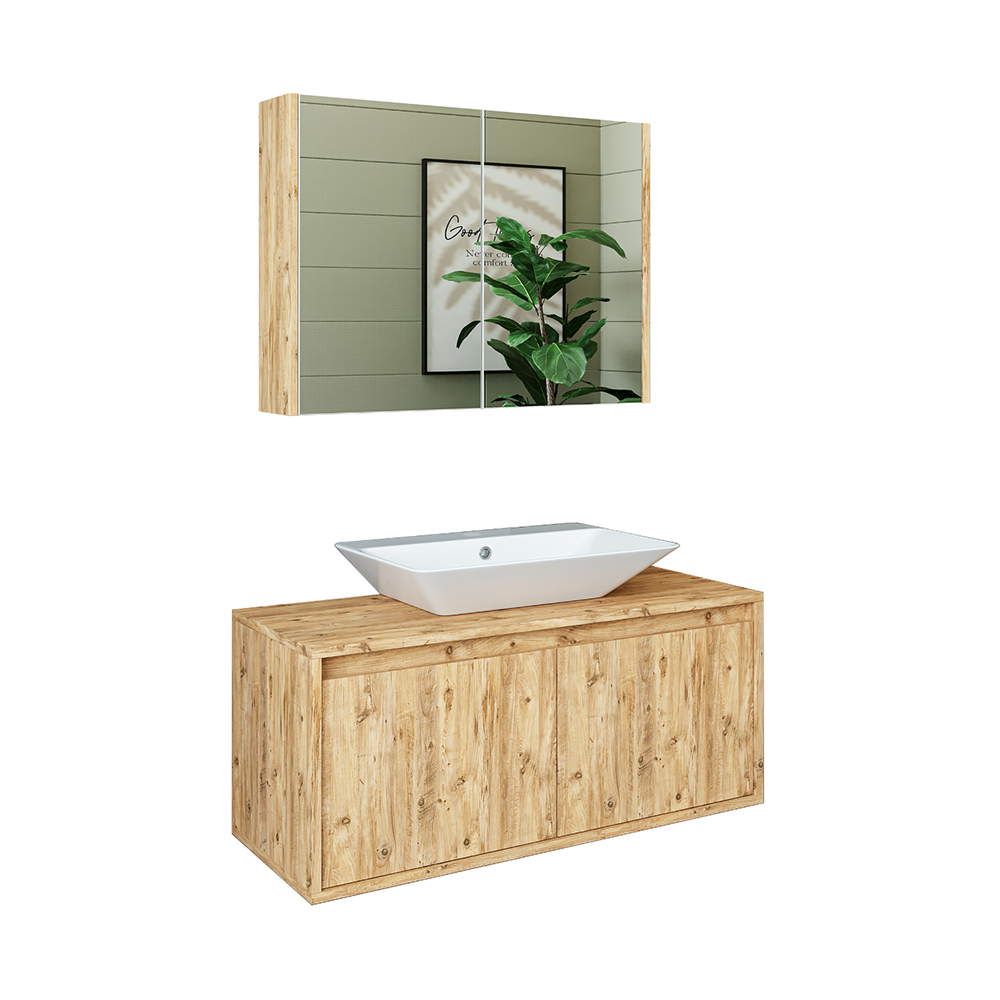 Roomart • Badmöbel Set • ATLANTIC • 3 Teilig • 100 cm Unterschrank mit Keramikwaschbecken • 80 cm Spiegelschrank