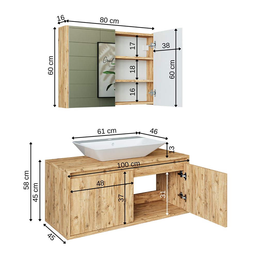 Roomart • Badmöbel Set • ATLANTIC • 3 Teilig • 100 cm Unterschrank mit Keramikwaschbecken • 80 cm Spiegelschrank