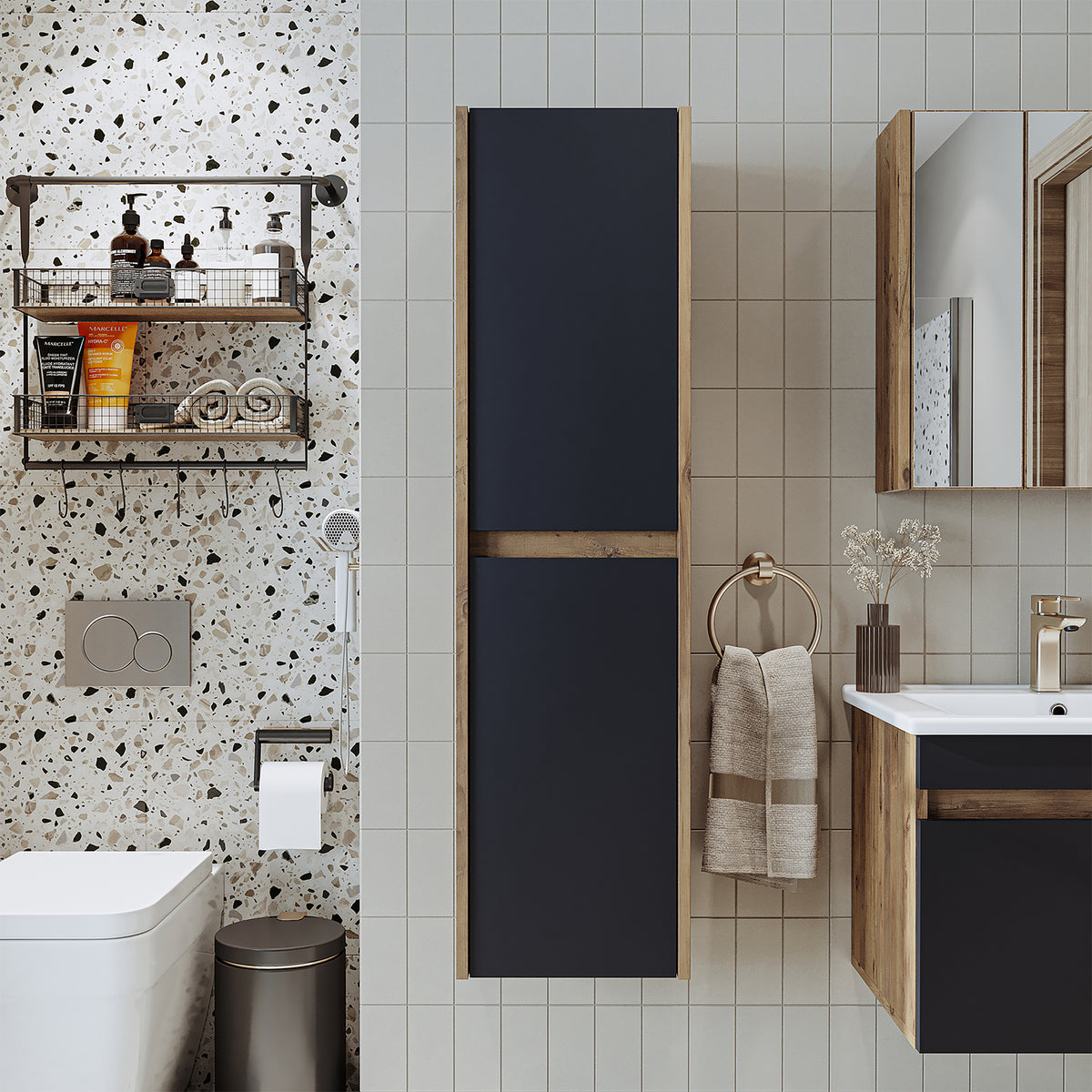 Set di mobili da bagno Roomart MELONA 3 pezzi, in 4 colori, mobiletto da 65 cm - specchiera - colonna - mobili da bagno, set, lavabo, lavatoio, bagno, mobili da bagno, mobili da bagno, mobile da bagno, mobile da lavabo, cm, largo, moderno, lavabo, profondo, con, mobiletto da bagno