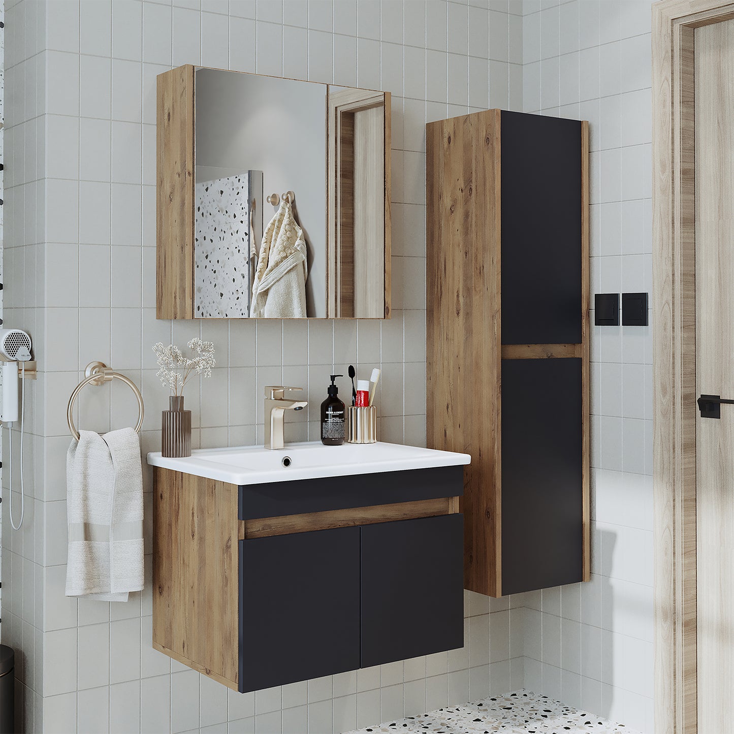 Roomart Ensemble de meubles de salle de bain ATRIA 65 cm Armoire basse avec lavabo Armoire haute - miroir salle de bain, armoire miroir salle de bain largeur 60 cm, armoire miroir salle de bain, armoire miroir avec éclairage, armoire miroir largeur 80 cm, armoires miroir pour salle de bain, miroir