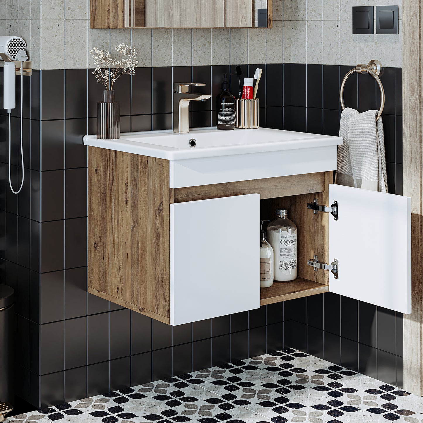 Roomart Ensemble de meubles de salle de bain ATRIA 65 cm Armoire basse avec lavabo Armoire haute - miroir salle de bain, armoire miroir salle de bain largeur 60 cm, armoire miroir salle de bain, armoire miroir avec éclairage, armoire miroir largeur 80 cm, armoires miroir pour salle de bain, miroir