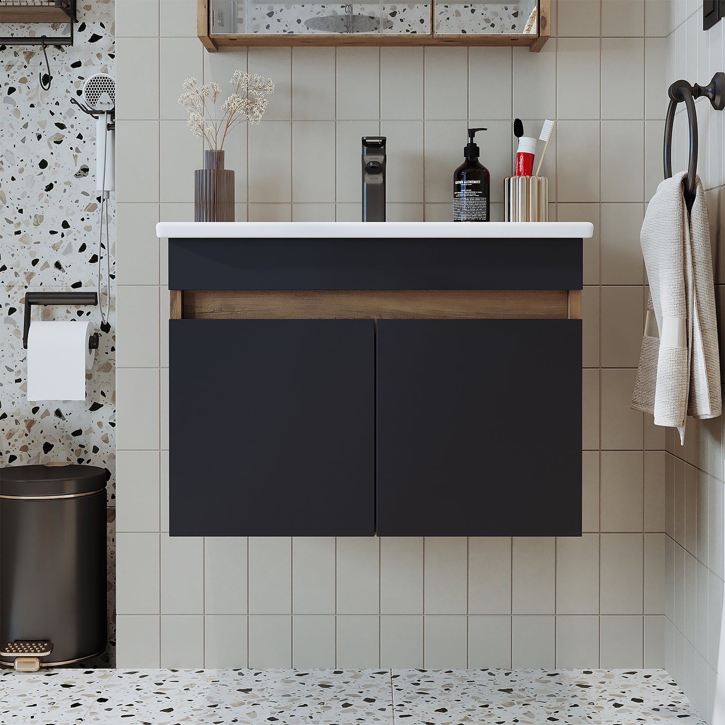 Roomart Ensemble de meubles de salle de bain ATRIA 65 cm Armoire basse avec lavabo Armoire haute - miroir salle de bain, armoire miroir salle de bain largeur 60 cm, armoire miroir salle de bain, armoire miroir avec éclairage, armoire miroir largeur 80 cm, armoires miroir pour salle de bain, miroir