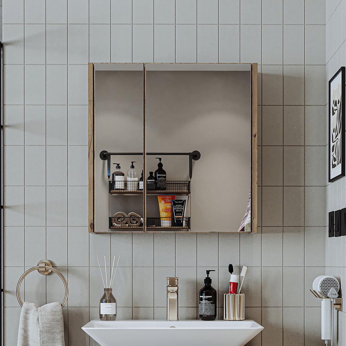 Roomart, Armoire de salle de bain miroir, 80 cm, 60 cm, Meuble de salle de bain, Couleurs blanc & chêne - armoire de salle de bain, lavabo, meuble de salle de bain, armoire de salle de bain, avec, meuble bas, meuble de salle de bain, ensemble, lavabo, meubles, meuble de salle de bain, salle de bain