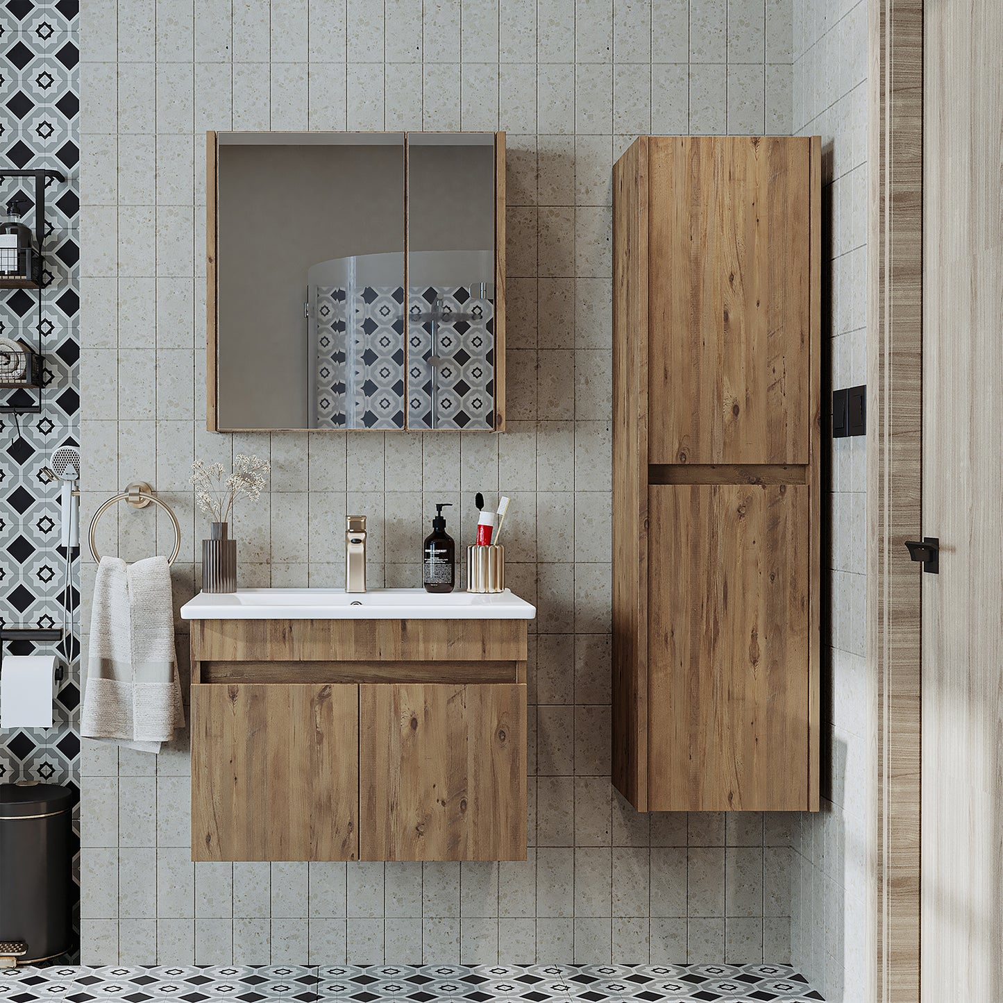 Roomart Ensemble de meubles de salle de bain ATRIA 65 cm Armoire basse avec lavabo Armoire haute - miroir salle de bain, armoire miroir salle de bain largeur 60 cm, armoire miroir salle de bain, armoire miroir avec éclairage, armoire miroir largeur 80 cm, armoires miroir pour salle de bain, miroir