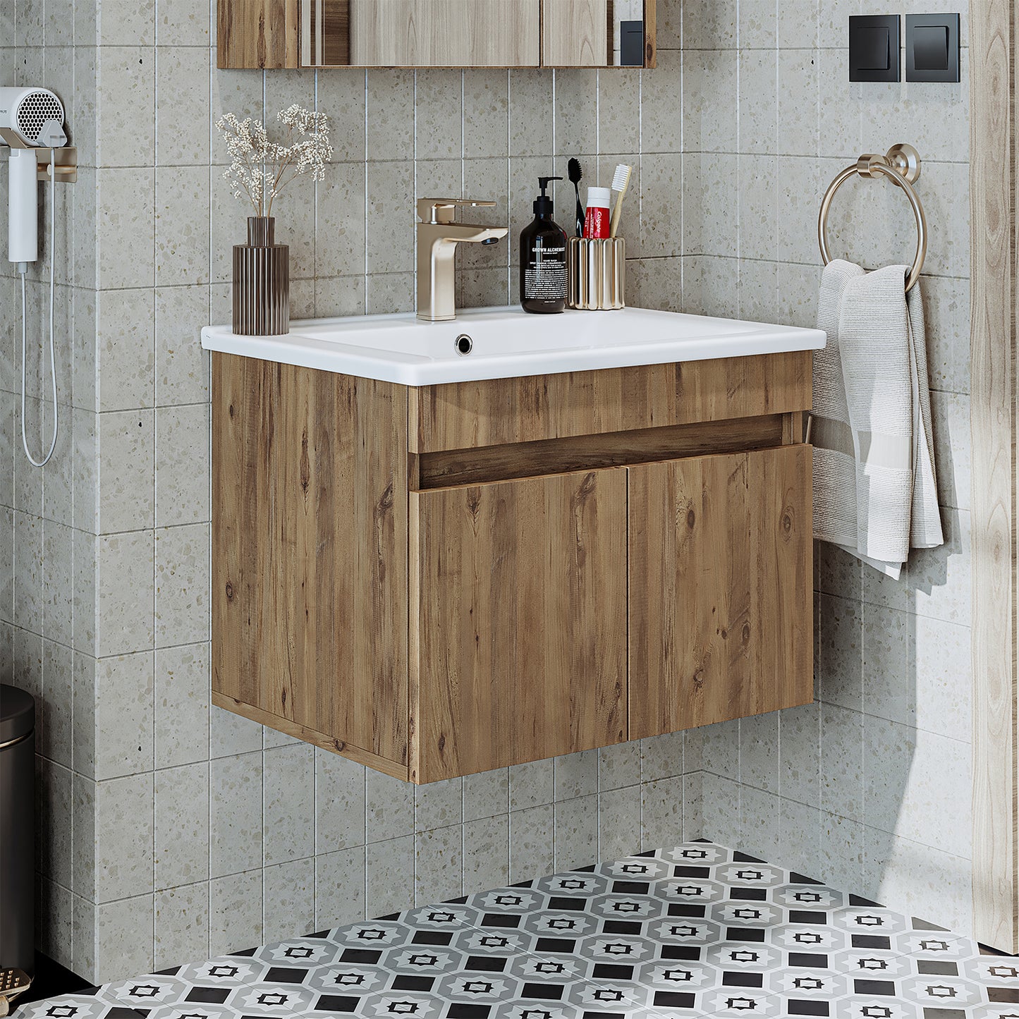 Roomart Ensemble de meubles de salle de bain ATRIA 65 cm Armoire basse avec lavabo Armoire haute - miroir salle de bain, armoire miroir salle de bain largeur 60 cm, armoire miroir salle de bain, armoire miroir avec éclairage, armoire miroir largeur 80 cm, armoires miroir pour salle de bain, miroir