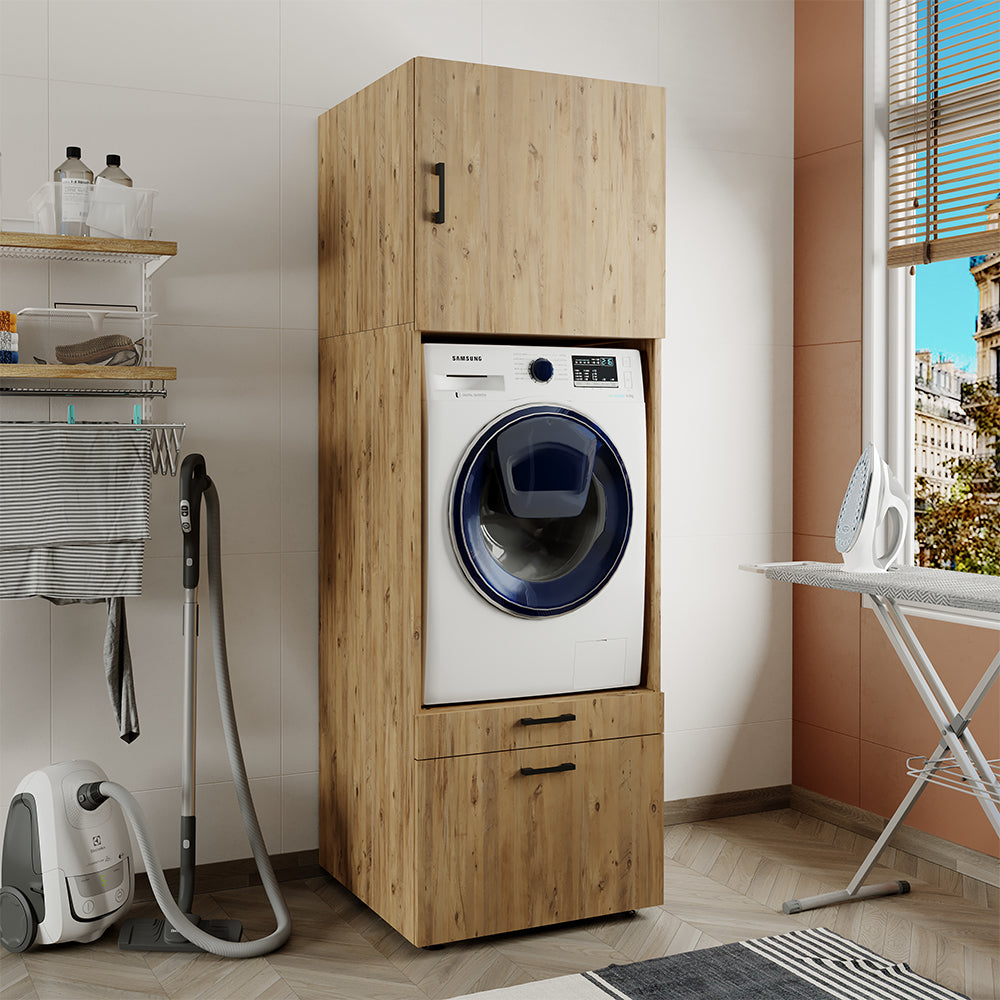Roomart Waschmaschinenschrank mit Schrankaufsatz 62cm • HBT: 205x67x66,8 cm • Schublade & Ausziehbrett • Weiß • Schwarz eiche