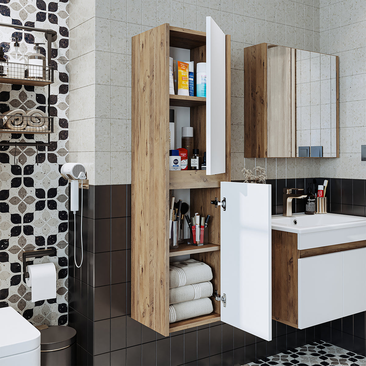 Set di mobili da bagno Roomart MELONA 3 pezzi, in 4 colori, mobiletto da 65 cm - specchiera - colonna - mobili da bagno, set, lavabo, lavatoio, bagno, mobili da bagno, mobili da bagno, mobile da bagno, mobile da lavabo, cm, largo, moderno, lavabo, profondo, con, mobiletto da bagno