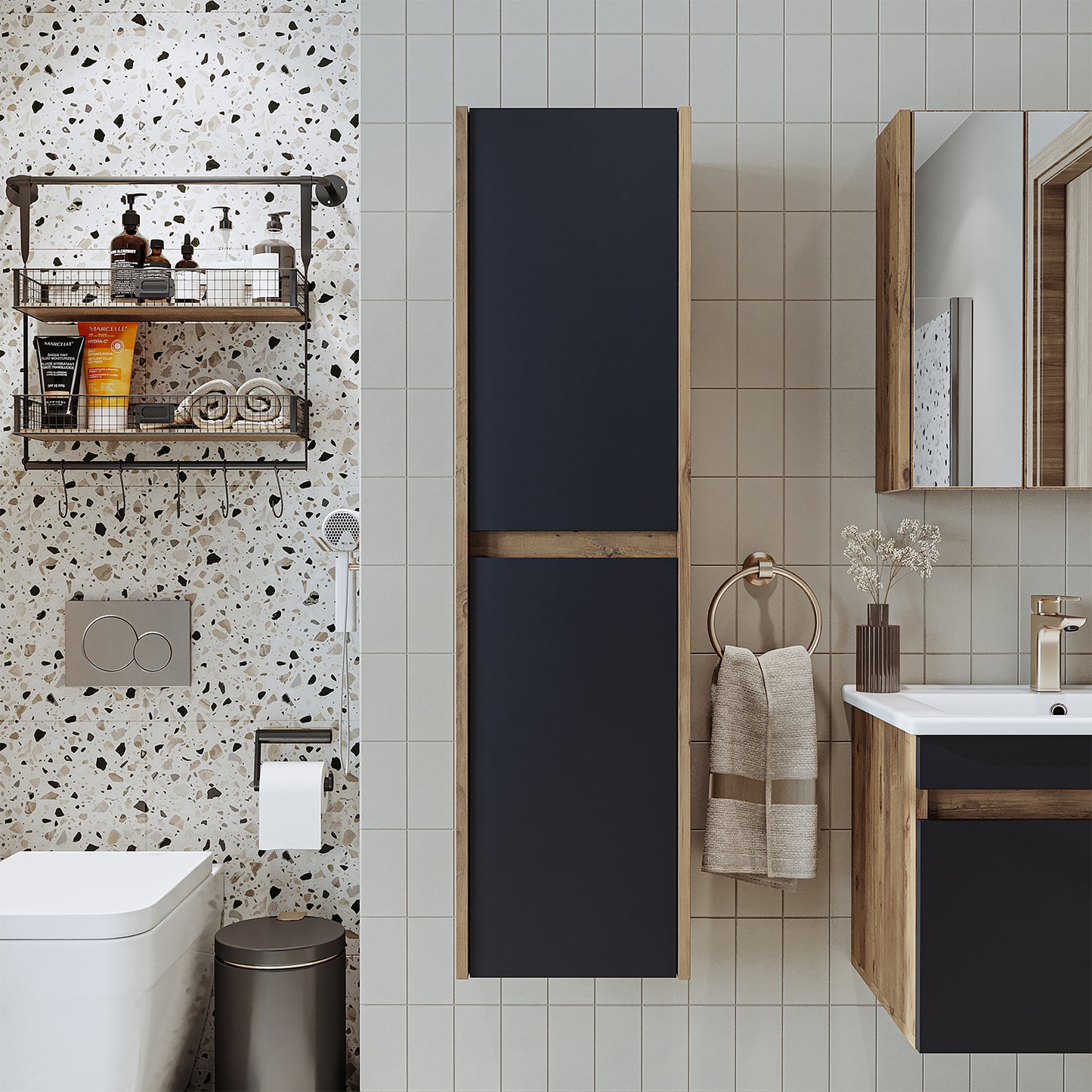 Roomart juego de muebles de baño ATLANTIC 4 piezas, en 5 colores, mueble de baño de 65 cm con lavabo de cerámica - armario con espejo - armario alto - armario con espejo de 80 cm de ancho, armarios con espejo para baño, armario con espejo para baño con iluminación, armario alibert, armario de baño con