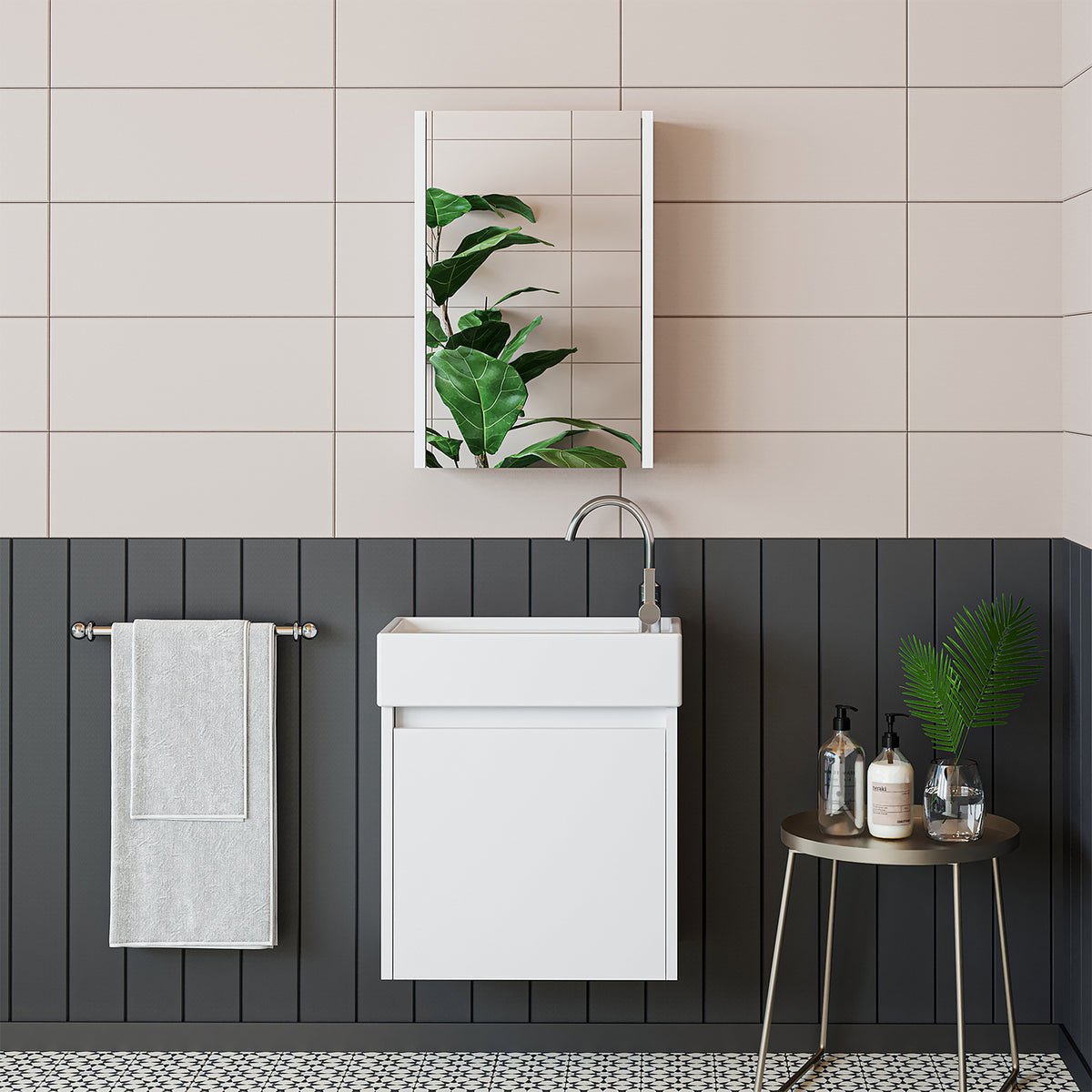 Roomart 4-teiliges Badmöbel-Set MINI, 50 cm, mit Keramikbecken, Spiegel- und Seitenschrank, in 5 Farben
