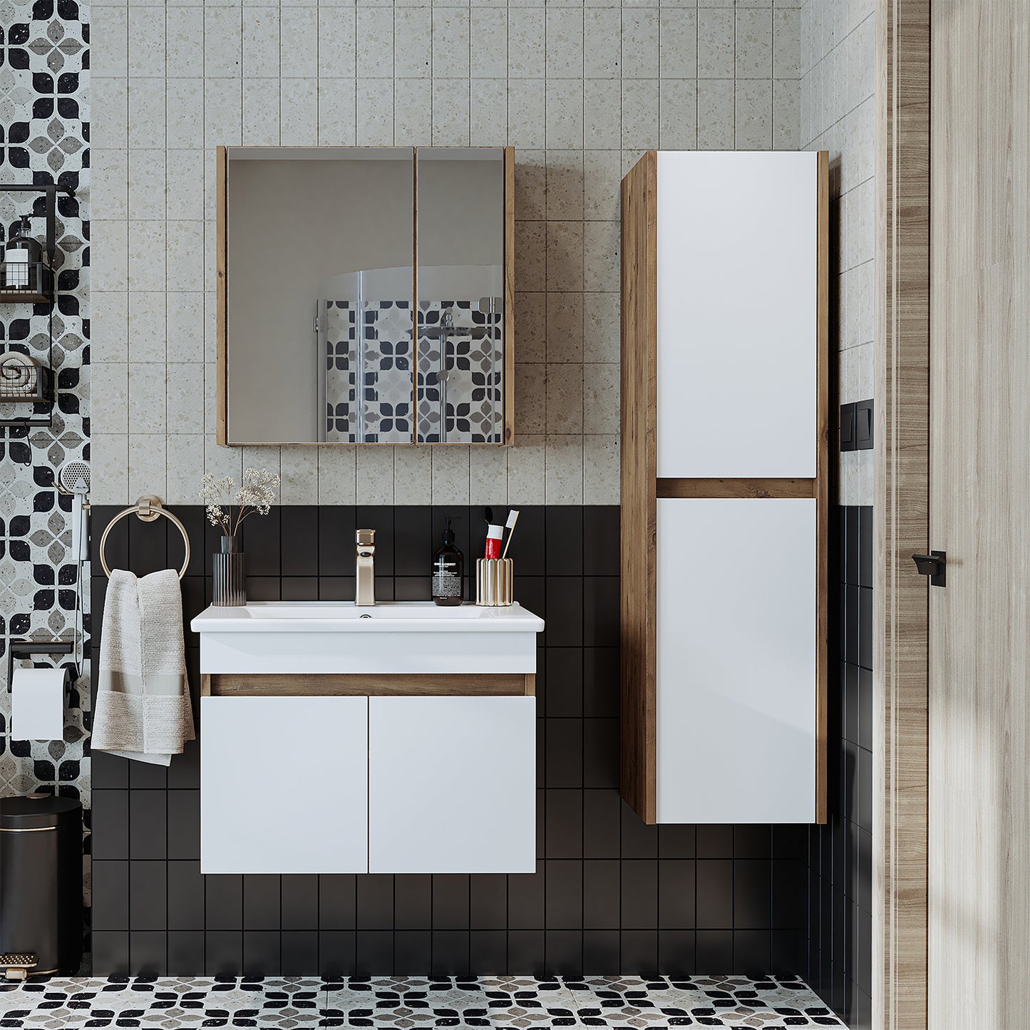 Roomart Ensemble de meubles de salle de bain ATRIA 65 cm Armoire basse avec lavabo Armoire haute - miroir salle de bain, armoire miroir salle de bain largeur 60 cm, armoire miroir salle de bain, armoire miroir avec éclairage, armoire miroir largeur 80 cm, armoires miroir pour salle de bain, miroir