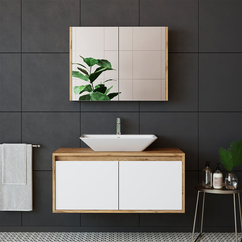 Roomart • Badmöbel Set • ATLANTIC • 3 Teilig • 100 cm Unterschrank mit Keramikwaschbecken • 80 cm Spiegelschrank