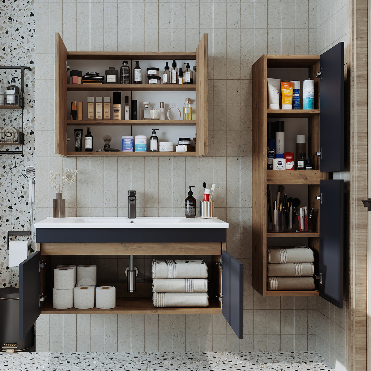 lavabo, set di mobili da bagno, lavabo con mobiletto, mobili da bagno, mobile alto, mobile, illuminazione, mobili da bagno, mobiletto, mobile a specchio, specchio, ampio, bagno, ospite, sospeso, mobile da bagno, bianco, mobili