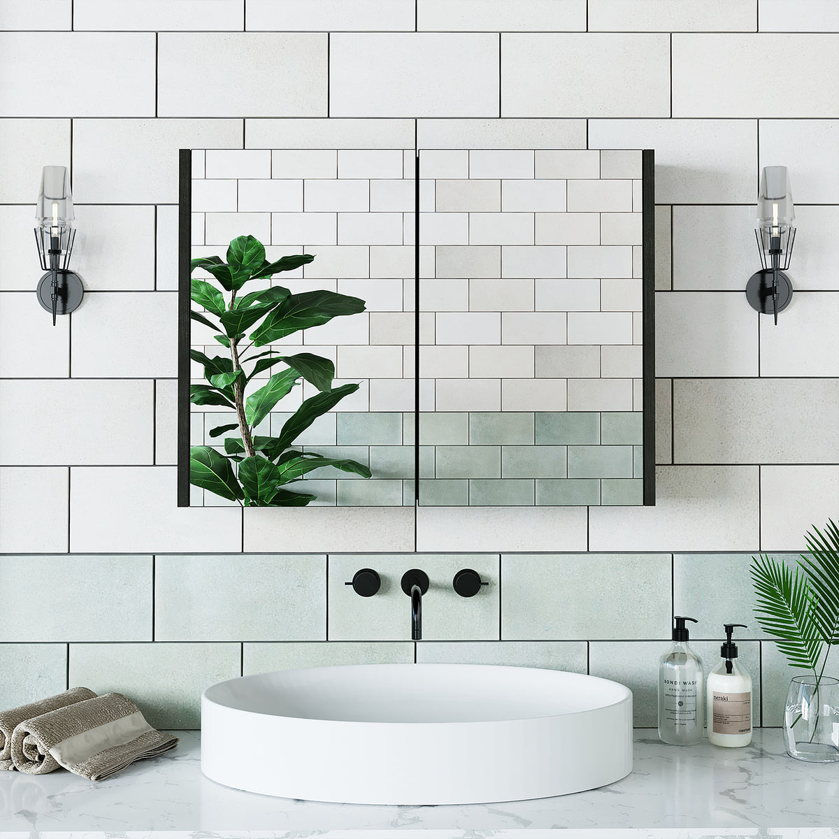 Roomart, Armoire de salle de bain miroir, 80 cm, 60 cm, Meuble de salle de bain, Couleurs blanc & chêne - armoire de salle de bain, lavabo, meuble de salle de bain, armoire de salle de bain, avec, meuble bas, meuble de salle de bain, ensemble, lavabo, meubles, meuble de salle de bain, salle de bain