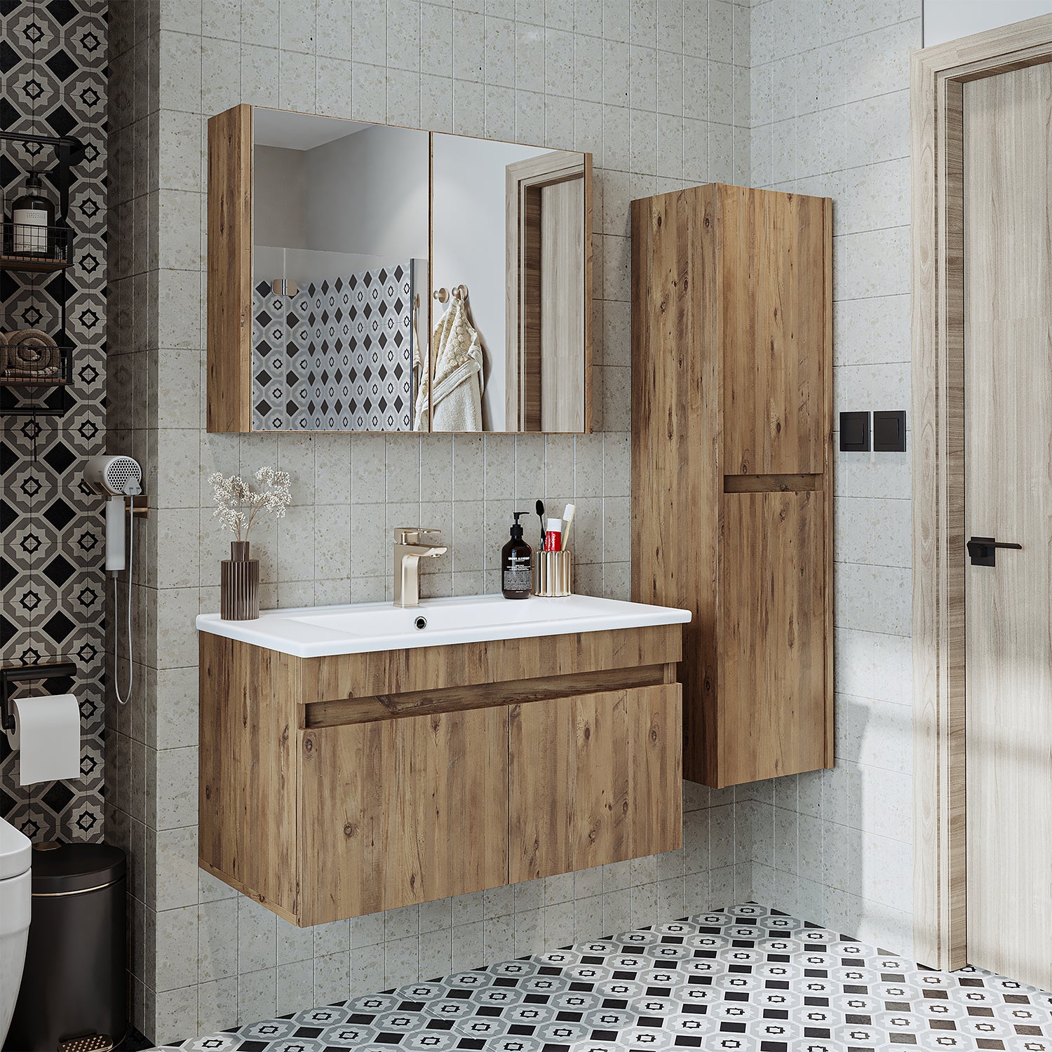 Roomart Ensemble de meubles de salle de bains ATRIA 85 cm Armoire basse avec lavabo Armoire haute - salle de bains, ensemble, lavabo, avec, armoire basse, salle de bains, armoire, large, miroir, meubles de salle de bains, lavabo, pour, armoire de salle de bains, armoire haute, meuble sous-vasque, w
