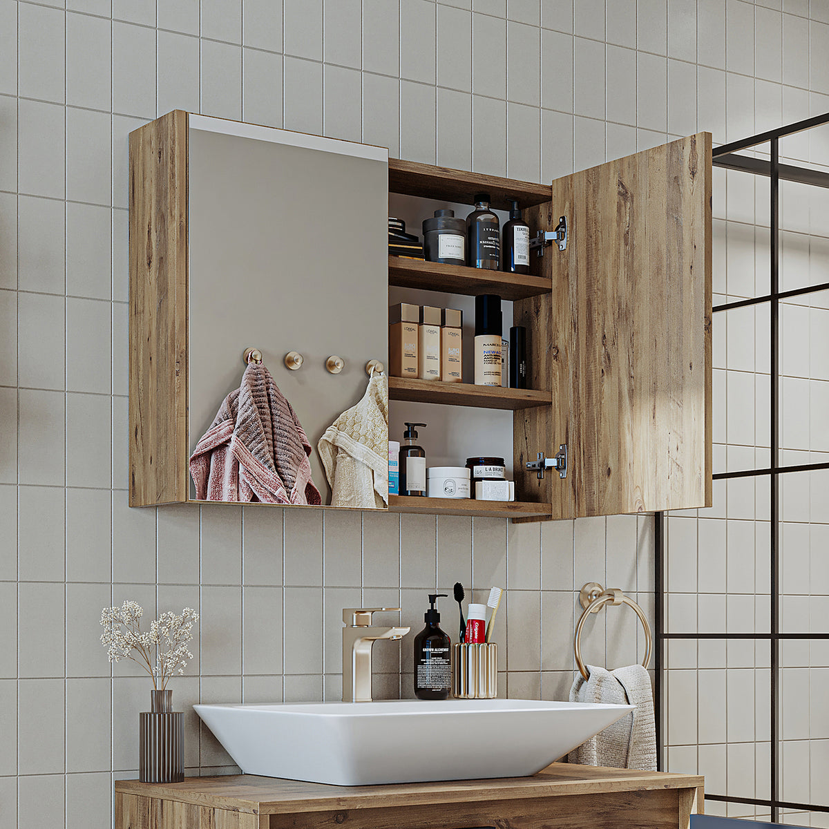 Roomart Badmöbel Set ATLANTIC 4-teilig 85 cm in 5 Farben Unterschrank mit Keramikwaschbecken • Spiegelschrank • Hochschrank - badezimmerschrank, waschbecken, badezimmermöbel, badschrank, badezimmer, mit, unterschrank, badmöbel, set, waschtisch, möbel, bad