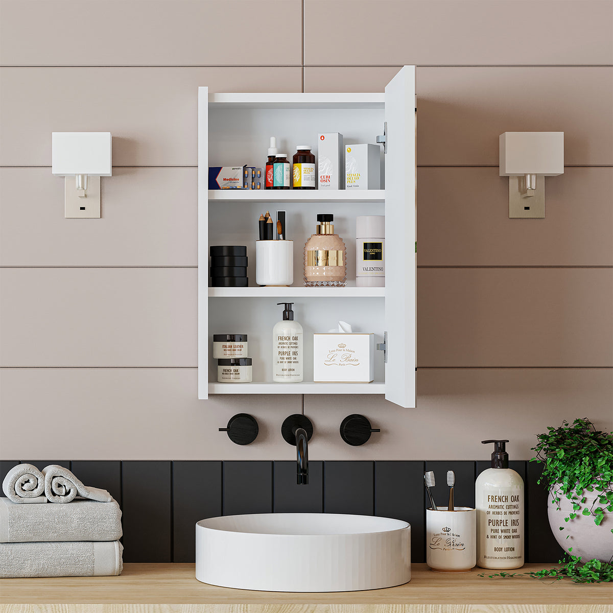 Roomart Badezimmerspiegelschrank "Punto“ – moderner, kompakter 40 cm Badschrank mit Spiegel – in Weiß oder Eiche - badezimmerspiegelschrank, mirror, lichtschalter, badspiegelschrank, geringe, tiefe, schiebetür, steckdose, eckspiegelschrank, smarter, badh