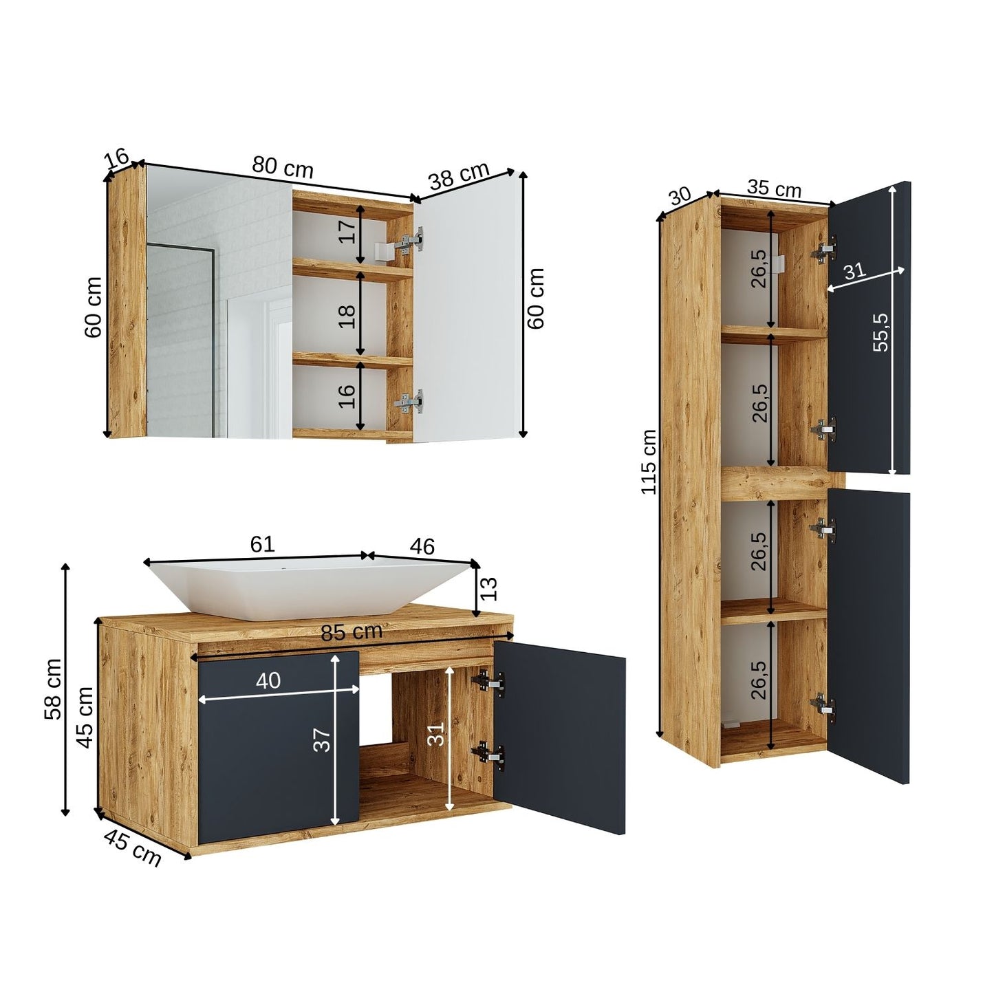 Roomart Badmöbel Set ATLANTIC 4-teilig 85 cm in 5 Farben Unterschrank mit Keramikwaschbecken • Spiegelschrank • Hochschrank