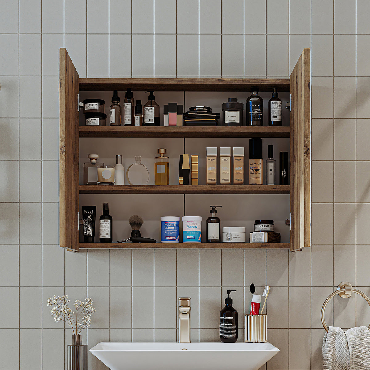 Roomart, Armoire de salle de bain miroir, 80 cm, 60 cm, Meuble de salle de bain, Couleurs blanc & chêne - armoire de salle de bain, lavabo, meuble de salle de bain, armoire de salle de bain, avec, meuble bas, meuble de salle de bain, ensemble, lavabo, meubles, meuble de salle de bain, salle de bain