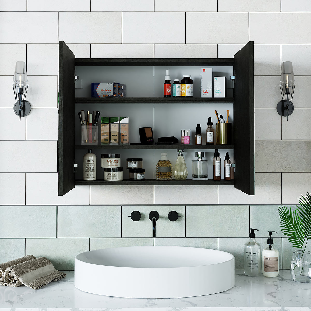 Roomart, Armoire de salle de bain miroir, 80 cm, 60 cm, Meuble de salle de bain, Couleurs blanc & chêne - armoire de salle de bain, lavabo, meuble de salle de bain, armoire de salle de bain, avec, meuble bas, meuble de salle de bain, ensemble, lavabo, meubles, meuble de salle de bain, salle de bain