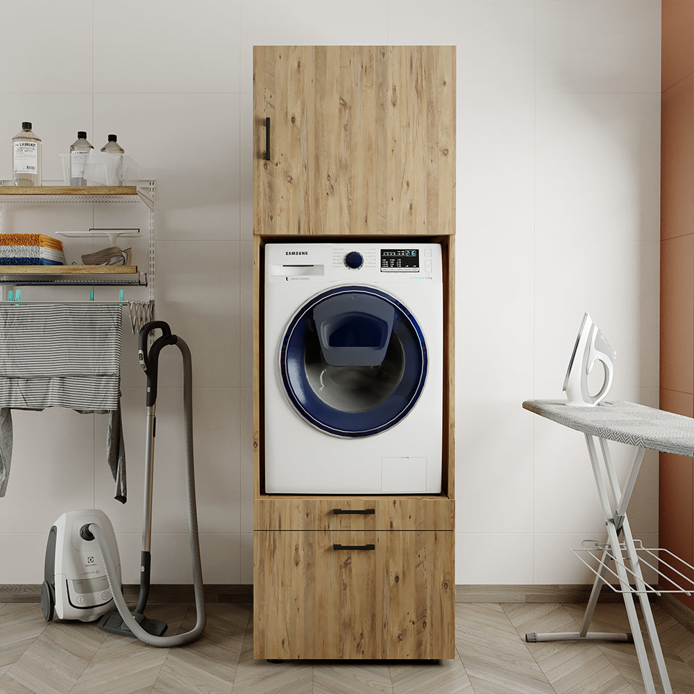 Roomart Waschmaschinenschrank mit Schrankaufsatz 62cm • HBT: 205x67x66,8 cm • Schublade & Ausziehbrett • Weiß • Schwarz eiche