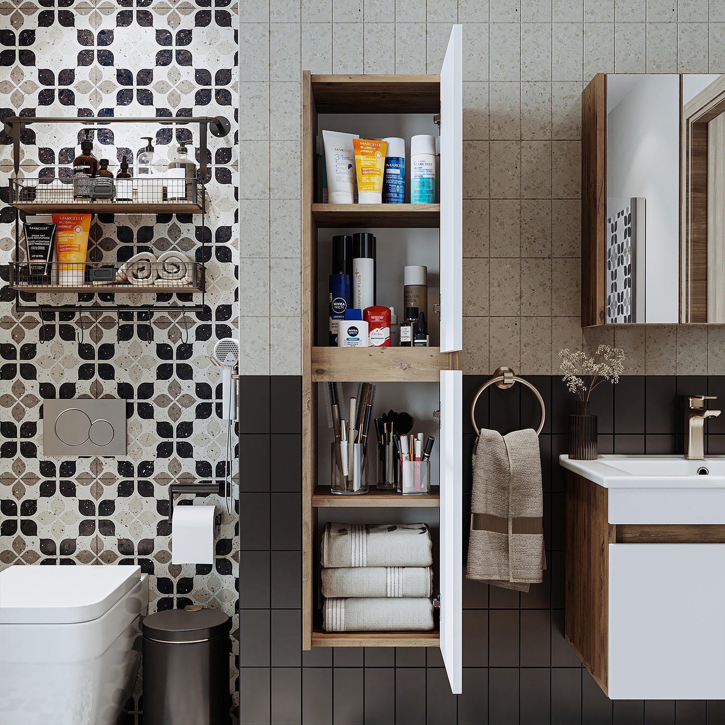 Roomart juego de muebles de baño MELONA 3 piezas, en 4 colores, mueble lavabo 65cm - mueble con espejo - mueble alto- muebles de baño, juego, lavabo, lavabo, baño, muebles, muebles de baño, baño, mueble lavabo, cm, ancho, moderno, lavabo, profundo, con, mueble lavabo