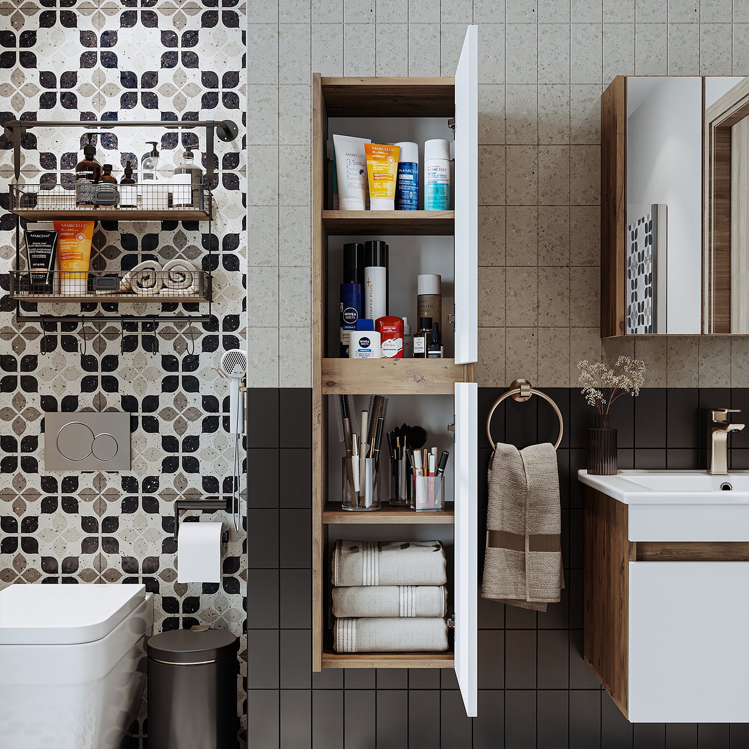 Roomart bathroom furniture set MELONA 3-piece, in 4 colors, 65cm vanity unit - mirror cabinet - tall cabinet- bathroom furniture, set, drain, washbasin, bathroom, furniture, bathroom furniture, bathroom, washbasin vanity unit, cm, wide, modern, washbasin, deep, with, vanity unit