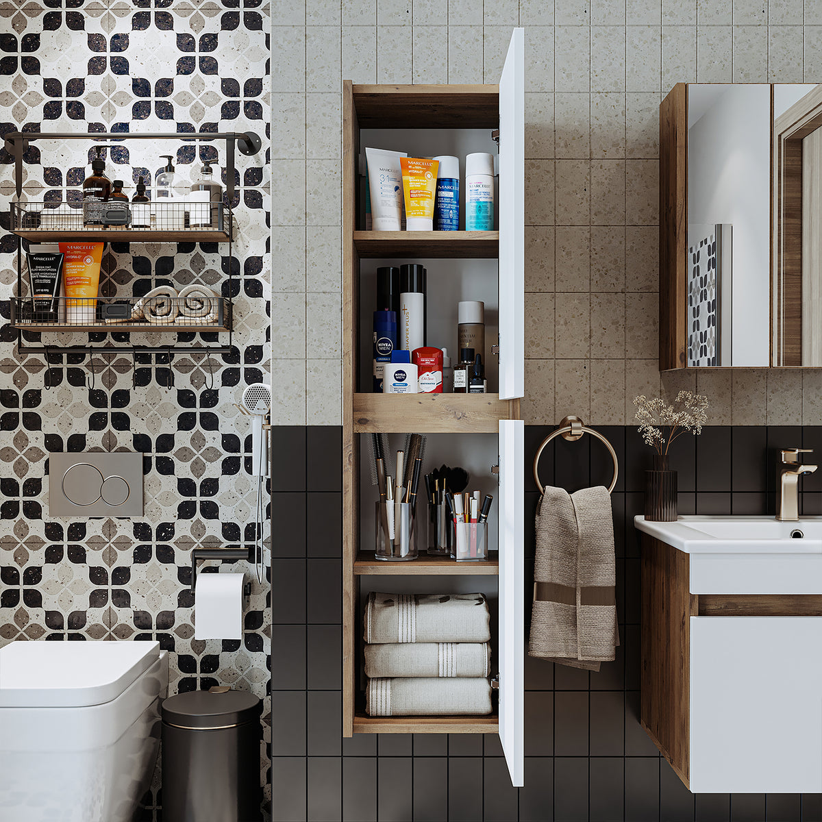 Set di mobili da bagno Roomart MELONA 3 pezzi, in 4 colori, mobiletto da 65 cm - specchiera - colonna - mobili da bagno, set, lavabo, lavatoio, bagno, mobili da bagno, mobili da bagno, mobile da bagno, mobile da lavabo, cm, largo, moderno, lavabo, profondo, con, mobiletto da bagno